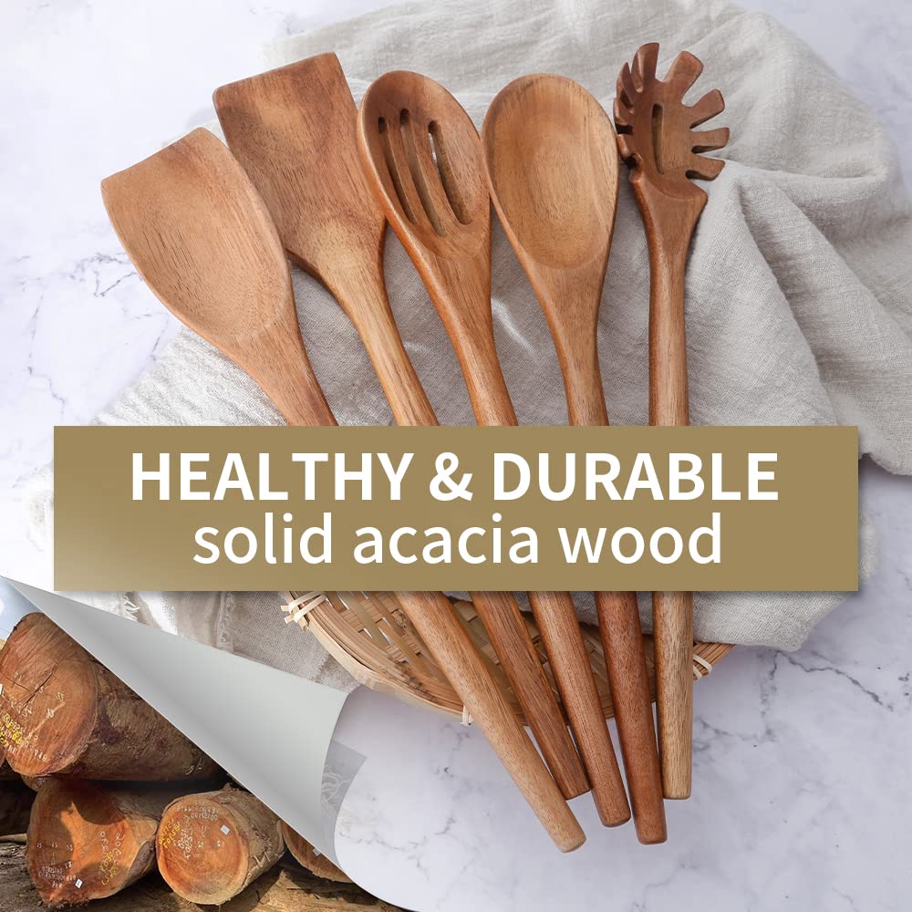 Exquisitos utensilios de cocina de madera para cocina, juego de 5, juego de utensilios de cocina de madera de acacia de 12 pulgadas, utensilios de cocina que incluyen cuchara, espátula de cuchara