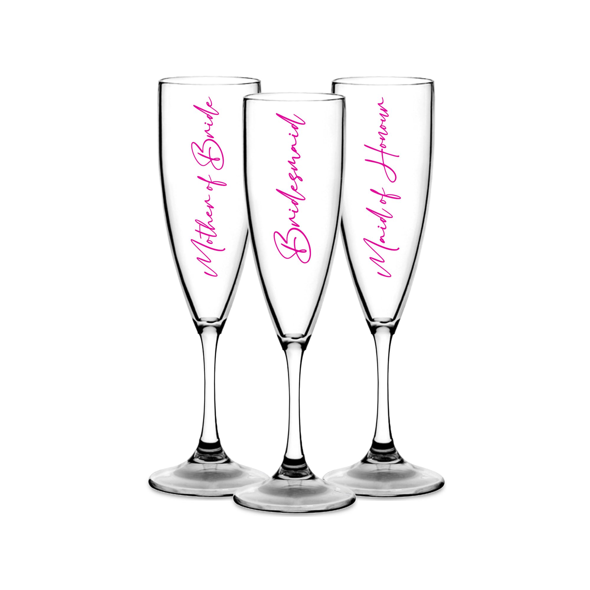 Print Maniacs Champagne Premium Clear Flute Glass Bride Groom Mr Mrs Wedding Maid Honour Wine Cocktail Prosecco Celebrations Gift (Pink, Set of 3 Bride Side Set)
