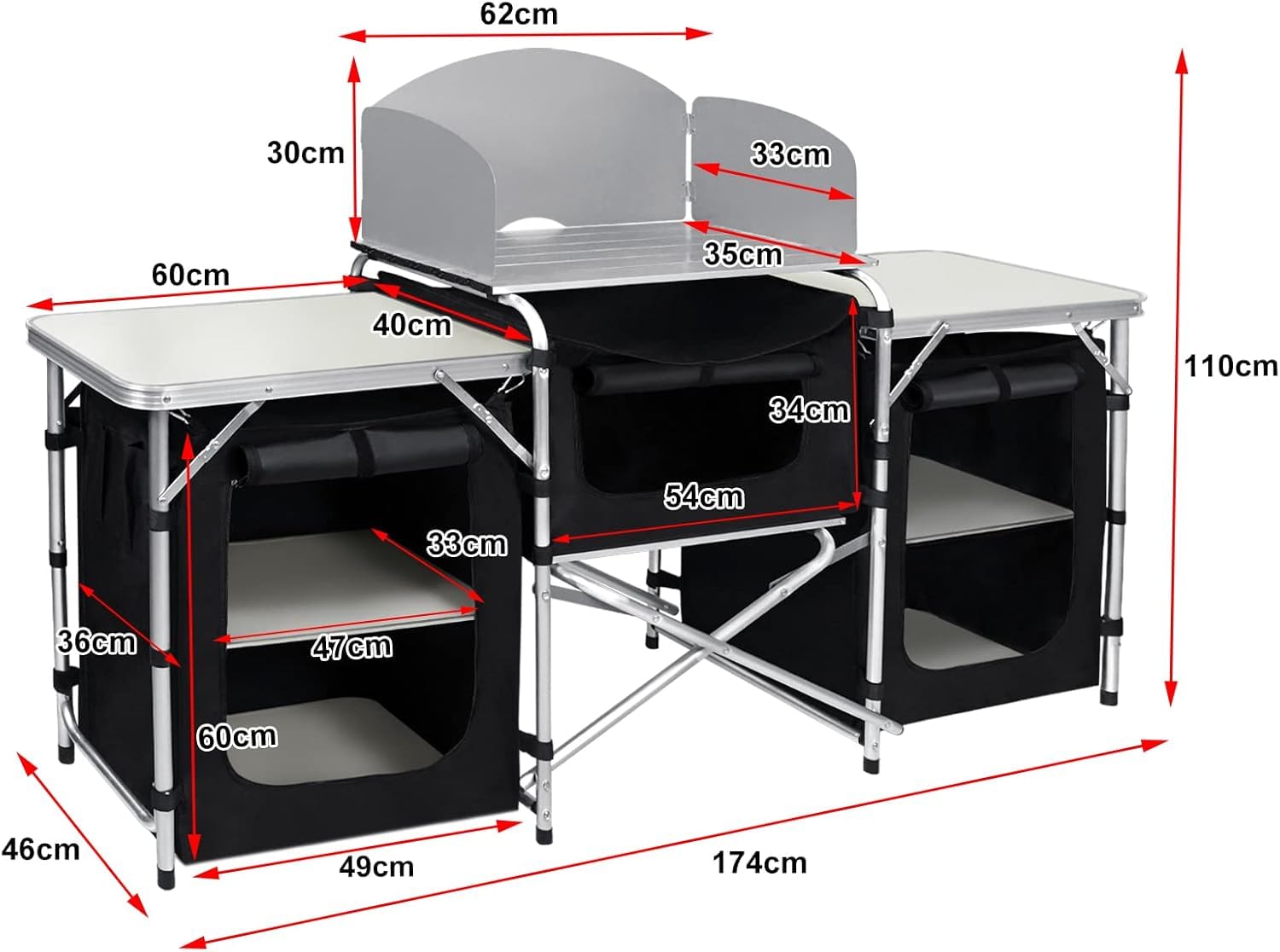 Campingküche Faltbar Campingschrank Einstellbar Campingtisch Reiseküche mit Aluminiumgestell Camping küche Zeltschrank Outdoor Küchenbox Campingregal inkl. Tragetasche (174 x 52x 110cm)