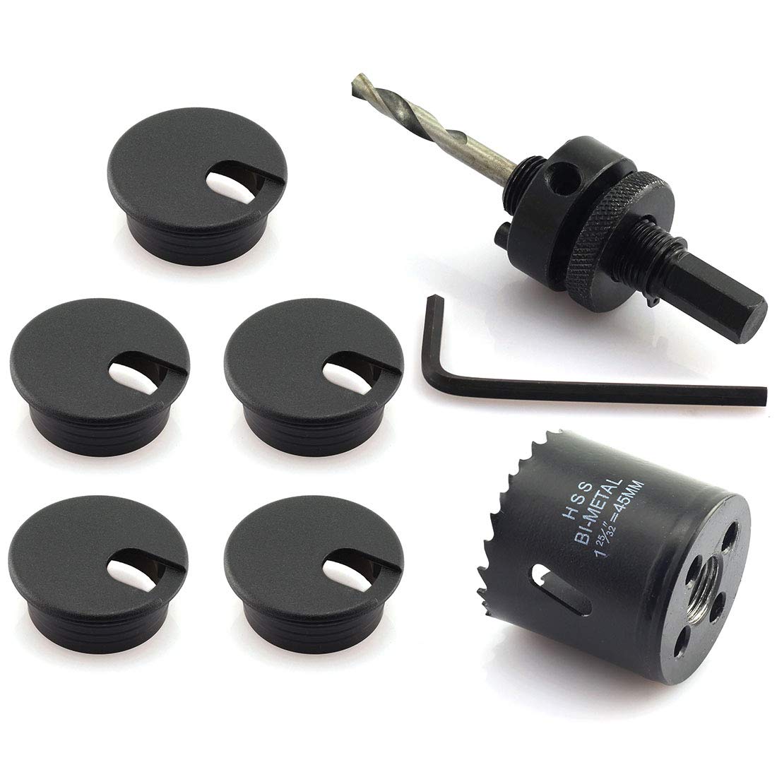 HJ Garden 5pcs 1-3/4 inch Desk Wire Cord Cable Grommets Hole Cover with Hole Saw Kit High Speed Bi-Metal Holesaw Drill Bits for Office PC Desk Cable Cord Organizer