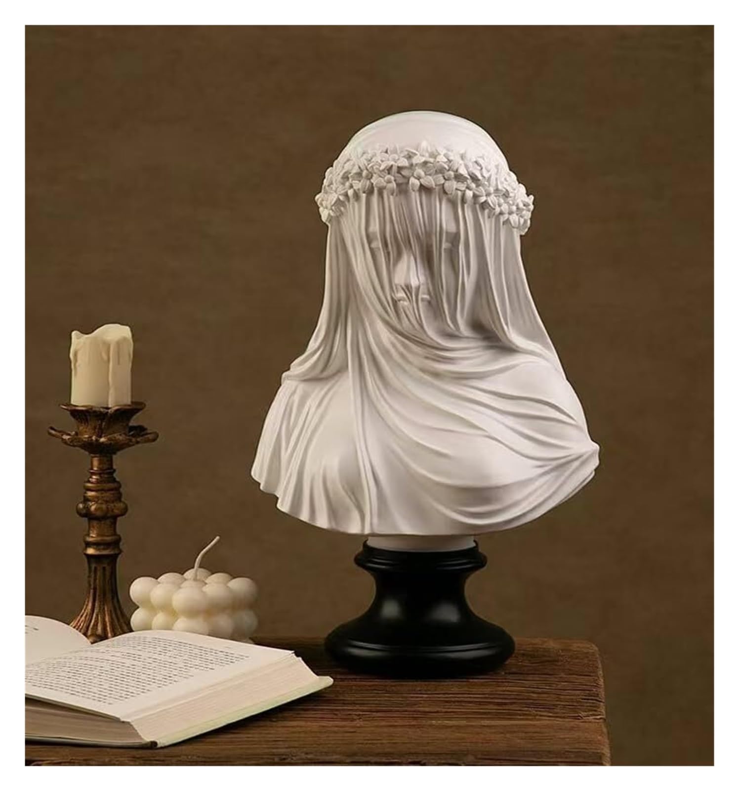 GlamourYard Knick Knacks Classical Style White Veiled Bride Bust Sculpture Statue With Black Base Aesthetic Room Decor