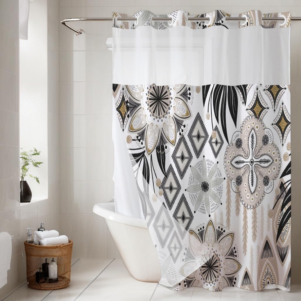 No Hook Boho Farmhouse Floral Shower Curtain with Snap Liner, Abstract Waterproof Curtain Double with Mesh Top Window, Modern Decor for Luxury Hotel Grade Bathroom 71" X 74"