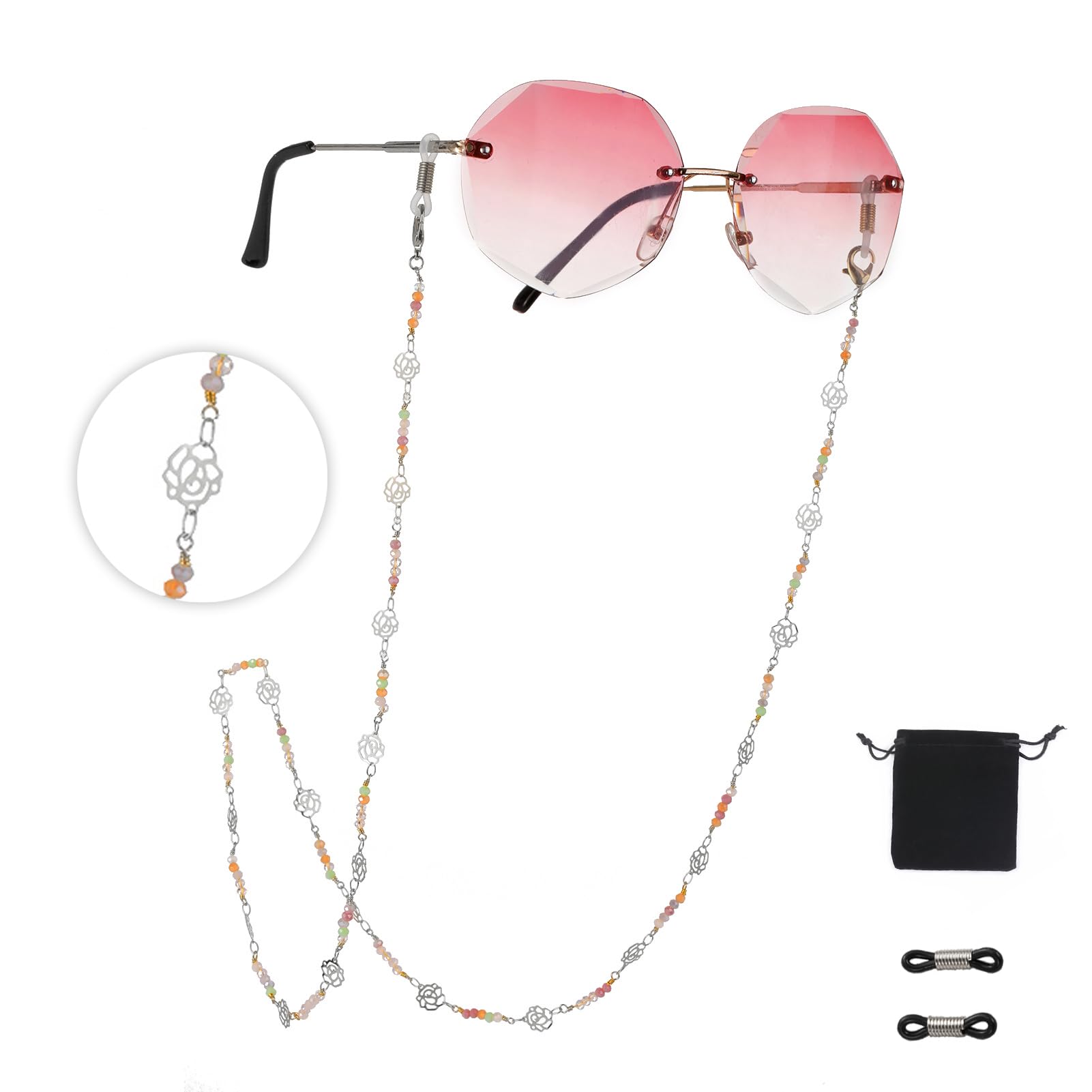 Dreamtimes Cadena de gafas para mujer, hecha a mano, con diseño de rosa, cadena para gafas, collar, máscara, cadenas para gafas