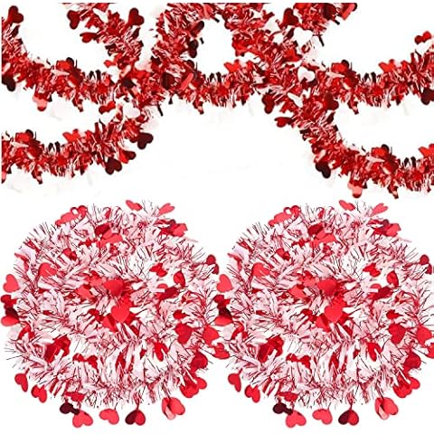 Red and Pink Heart Tinsel Garland Decorations Shiny Hanging Metallic Tinsel Ornaments for Valentine's Day Wedding Mother's Day Decorations Cover