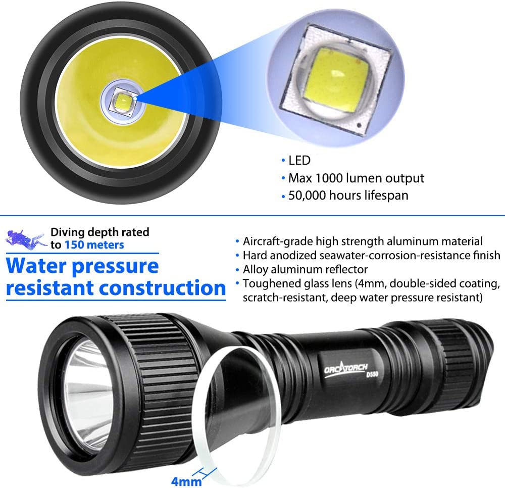 ORCATORCH D550 Tauchlampe mit Tauchhaken, Tauchen Taschenlampe IP68 Wasserdicht,LED Unterwasser lampe mit Magnetschalter für Taucher,Hummer fangen, Unterwassertechnik, Tauchunterricht