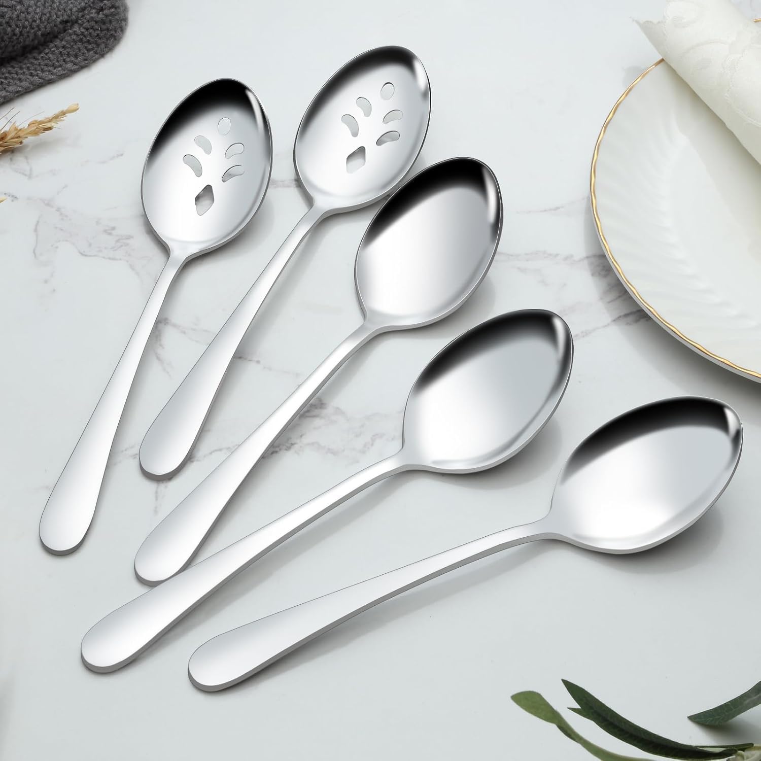 BEWOS Set di 16 cucchiai da portata, 8 cucchiai da portata, 8 cucchiai scanalati, set di utensili da portata da 22 cm per feste, cucchiai da portata in acciaio inossidabile, lavabili in lavastoviglie,