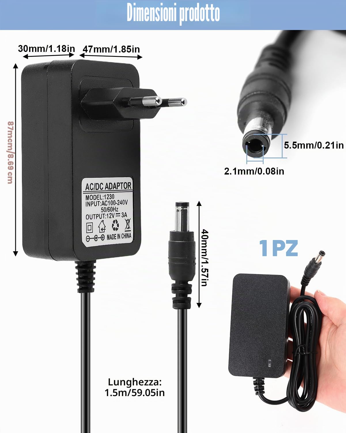Adattatore di Alimentazione 12V 3A 36W, AC 100-240V 50/60Hz a DC 12V, Alimentatore dc 12v 3a per NVR, DVR, Strisce LED, Telecamere, Monitor LCD, Aspirapolvere, CCTV Camera Router, 5,5x2,1mm, Cavo 1,5M