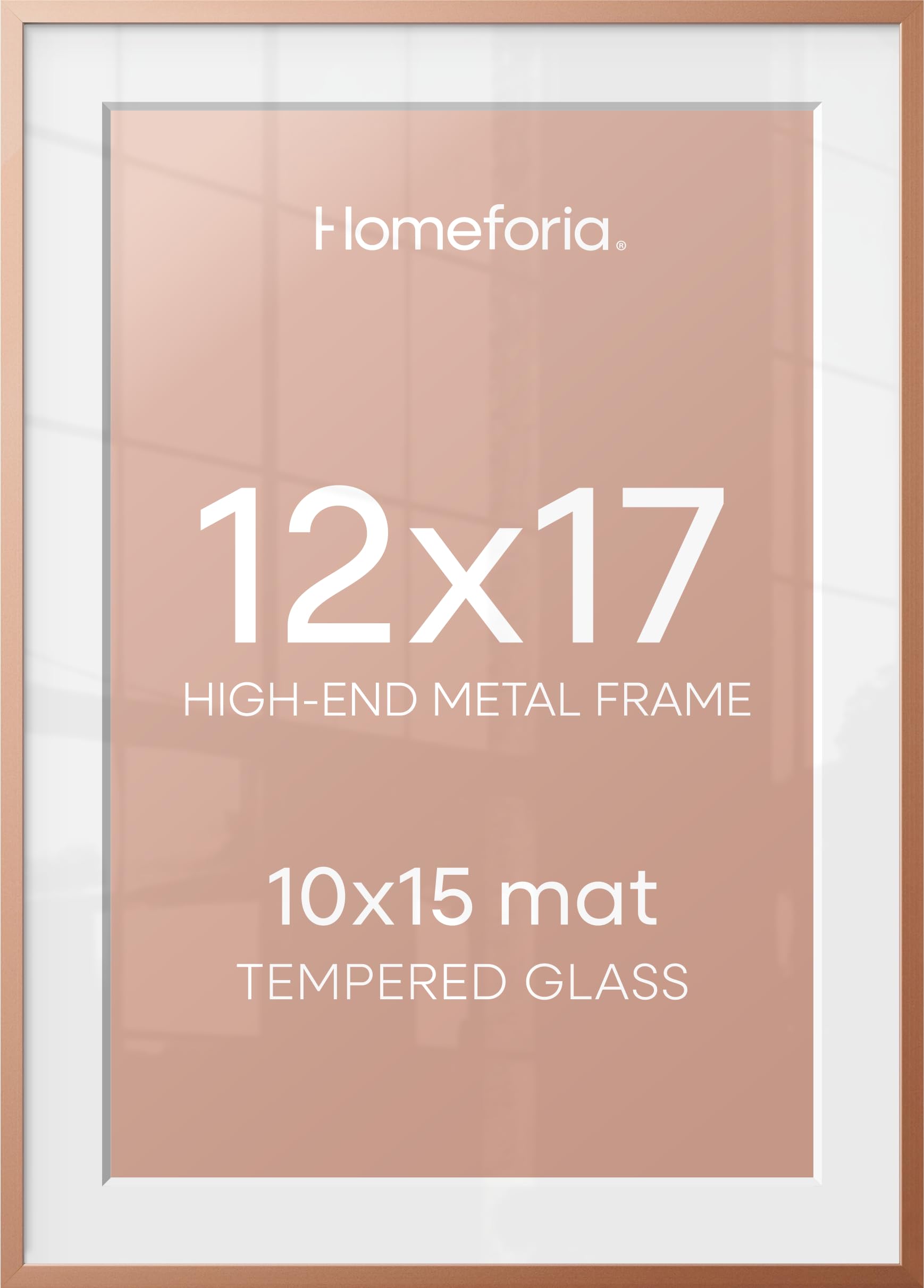 Homeforia 12x17 Rose Picture Frame, High-End Metal, 10x15 Mat, Glass | High End Aluminum, Tempered Glass, Acid-Free 10x15 Removable Mat, 12x17 in Edge-to-Edge Display 17x12, Wall Kit, Set Of 1