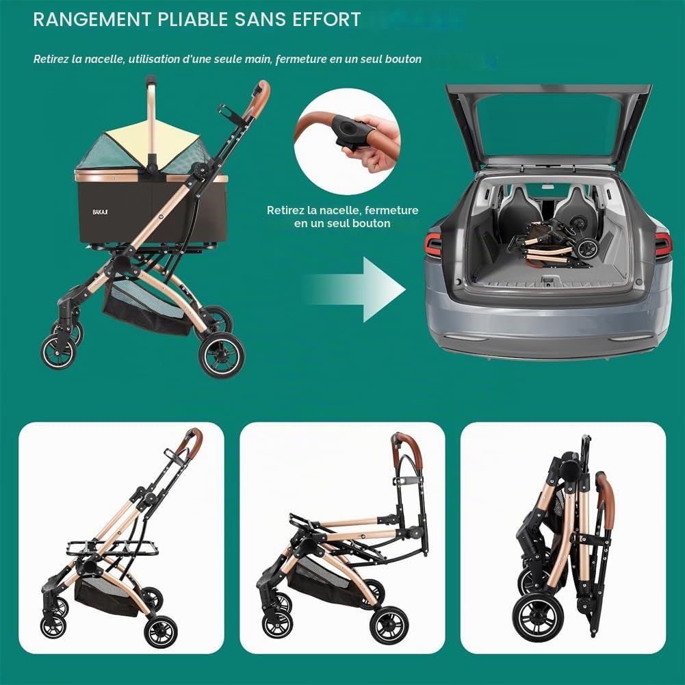 BAKAJI Poussette pour chiens et chats 2 en 1 avec nacelle amovible et fermeture peu encombrante, poussette pour animaux domestiques avec capsule de transport amovible et toit ouvert, poids max. 50 kg