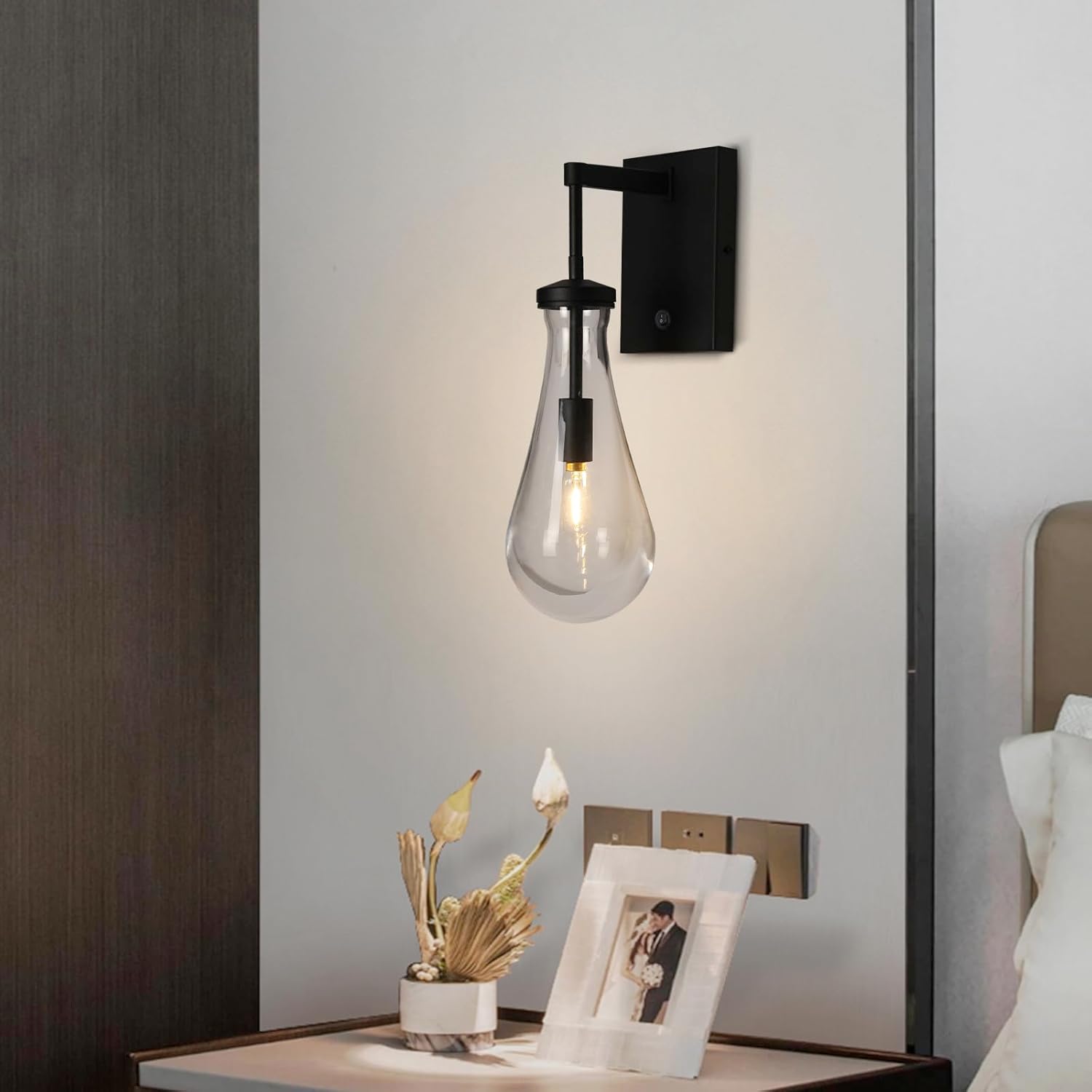 HuisMier Raindrop Wall Sconces, Black Wall Sconces with On/Off Switch, Modern Clear Glass Wall Lamp Vanity Light Fixtures for Bathroom Bedroom Living Room Hallway, Hardwired Black Short Rod