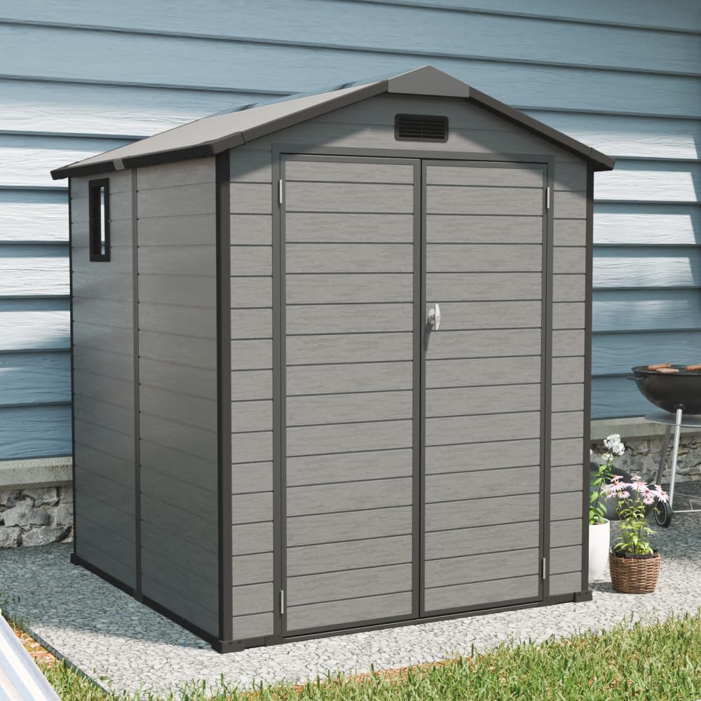 6x6 FT Outdoor Storage Shed with Floor & Window, Lockable Resin Tool Shed, Heavy-Duty Plastic Garden Shed for Backyard, Dark Gray
