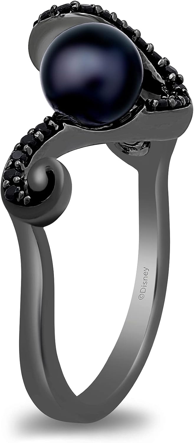 Jewelili Enchanted Disney Fine Jewelry Sterling Silver 6.5 MM Black Round Pearl and 1/5 Cttw Treated Black Round Diamond Ursula Ring