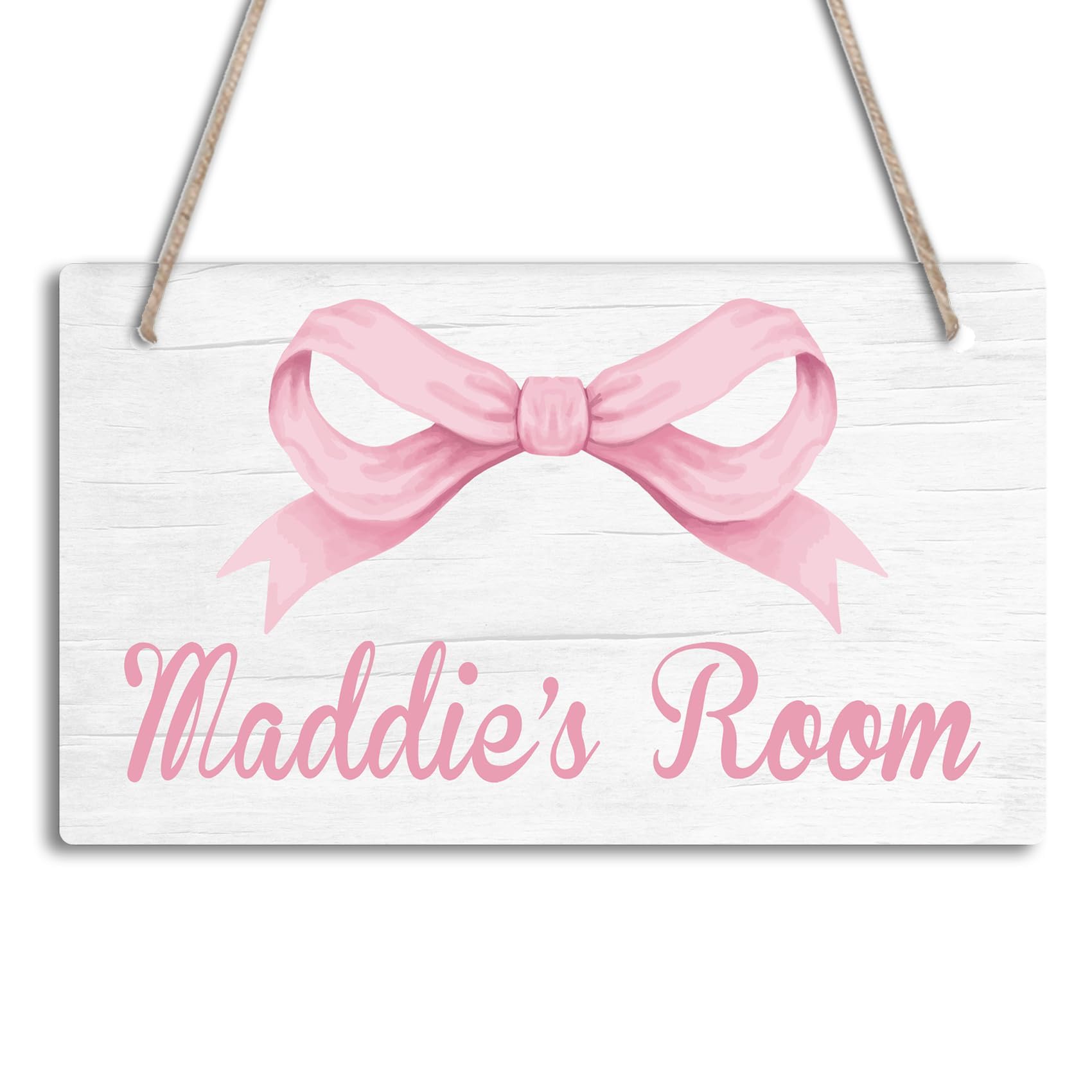 Personalized Pink Bow Kids Room Door Sign Custom Name Boys Girls Bedroom Decor Toddler Baby Nursery Wood Art Wall Plaque 12x6 Inches