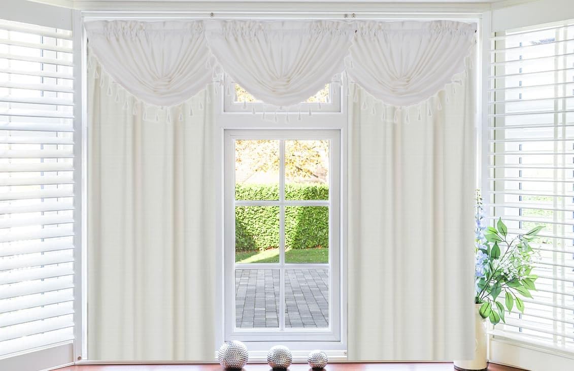 5 Piece Set Microfiber Smooth Touch Blackout Lightfiltering Rod Pocket Panels and Waterfall Valance with Tassels R64 63" Long (Beige)