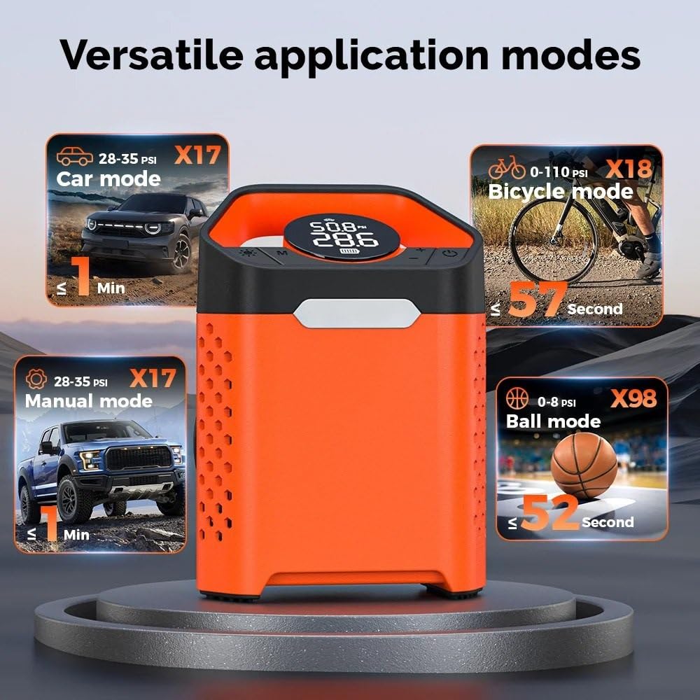 Inflador Ruedas Coche Compresor portátil para Coche, Inflador de neumáticos de Coche de 160 PSI, 7800mAh, para Coches, Motocicletas, Bicicletas, Bolas Compresores de Aire portátiles(Orange)