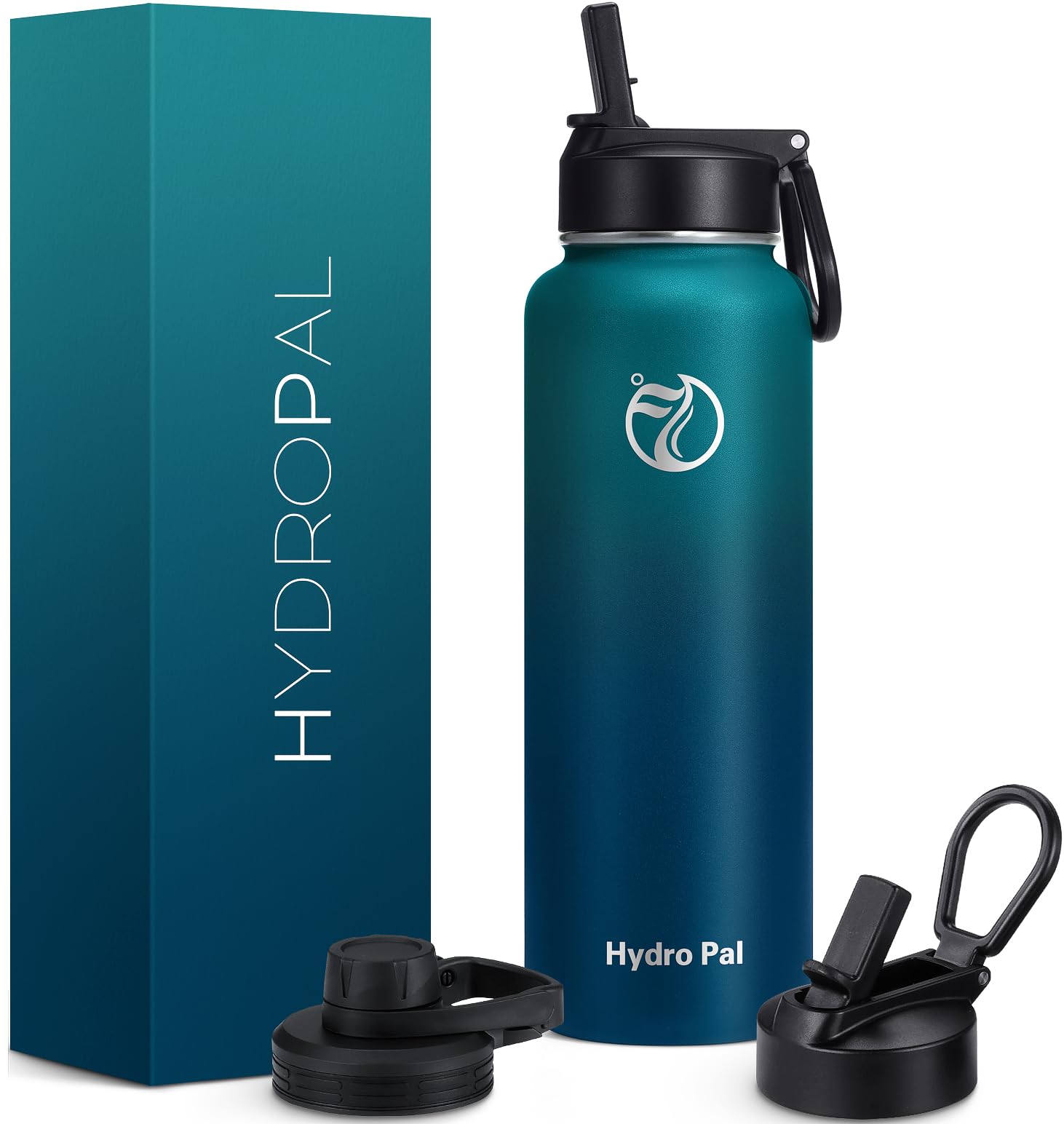 HydroPal Edelstahl Trinkflasche - 750ml/ 1L/1.2L/1.9L, BPA-Frei, Kohlensäure geeignet, Isolierte flasche mit Strohhalm & 2 Deckel