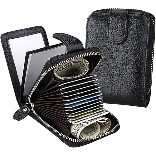 YUZEYNUF Genuine Leather RFID Blocking Credit Card Holder Zipper Wallet for Men Women, Large Capacity Credit Card Case Purse Organizer with 4 ID Windows and 12 Cards Slots