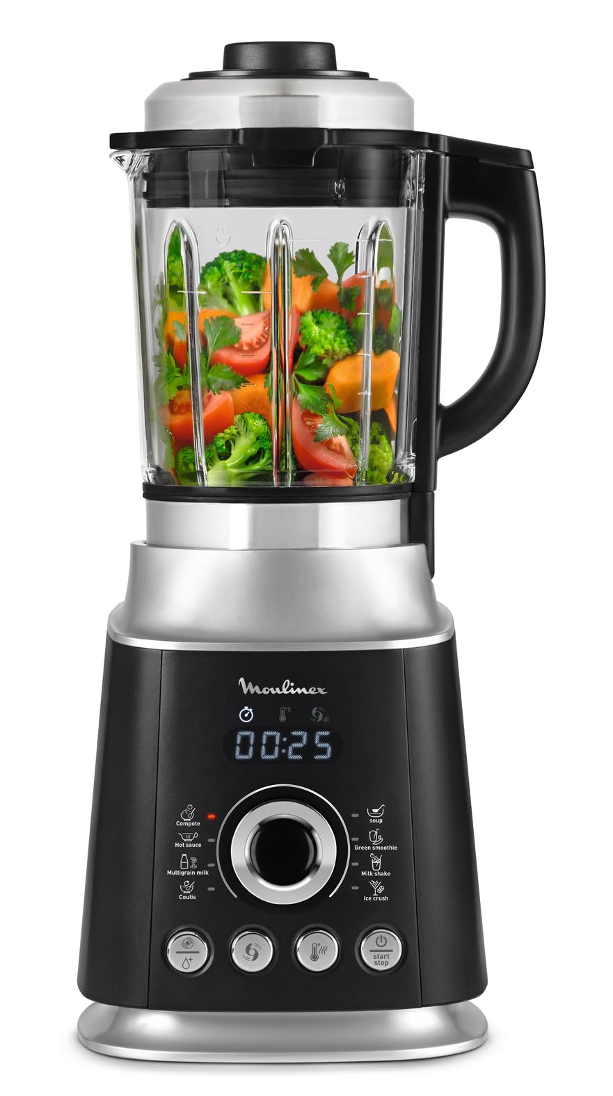 Moulinex Ultrablend Cook Blender on a kitchen counter with various blended drinks and food
