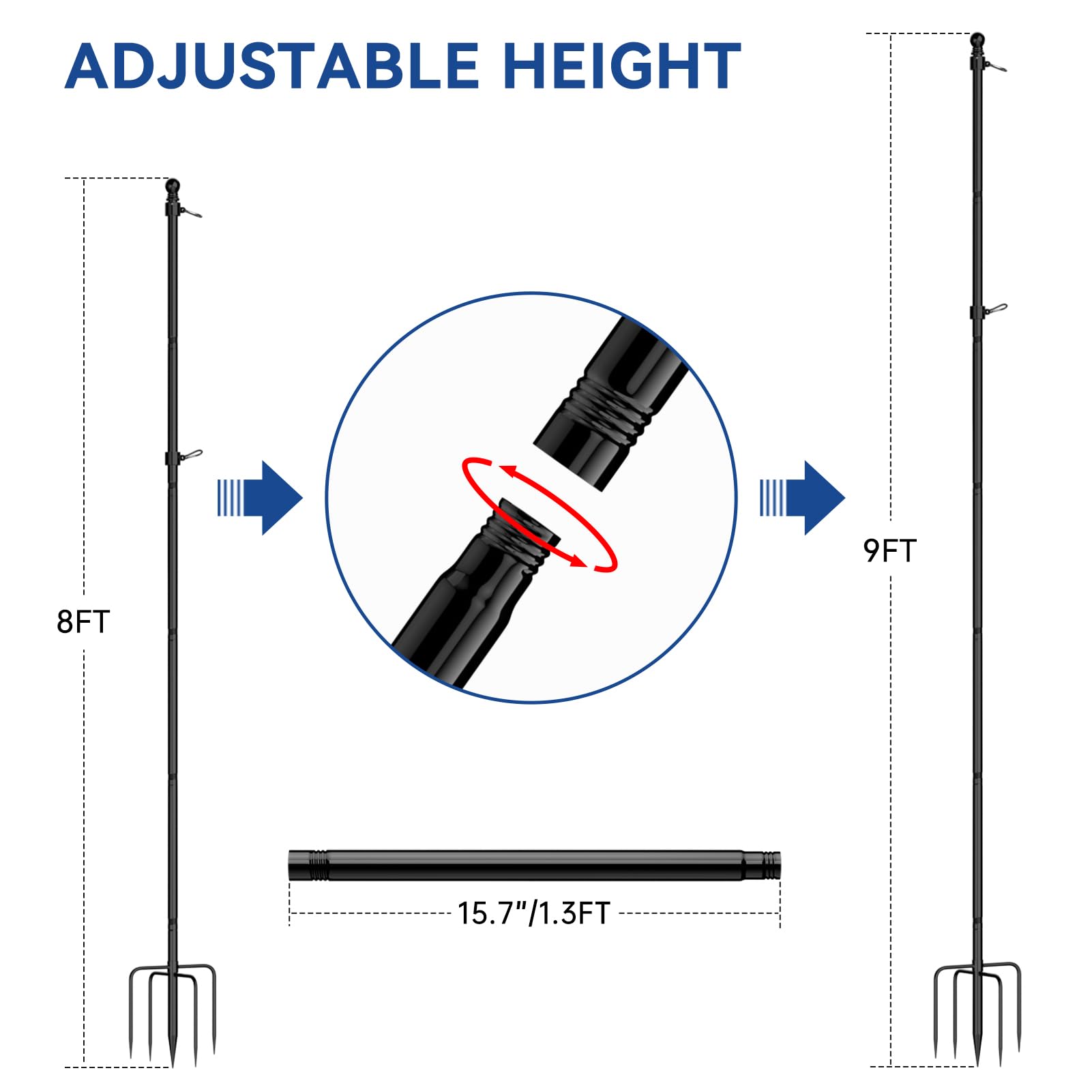 Asta per bandiera in acciaio inox da 2,4 m con base a 5 rebbi, per esterni, casa, giardino, kit di aste per bandiera (nero, senza bandiera)