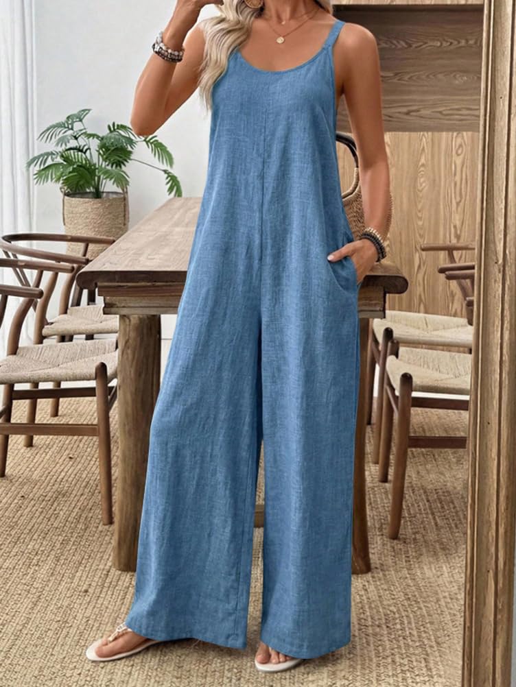 ORANDESIGNE Salopette Donna Lunga Estive Casual Elegante Boho Salopette Gamba Larga Leggera Tuta Spiaggia Overall con Bretelle Regolabili e Tasche