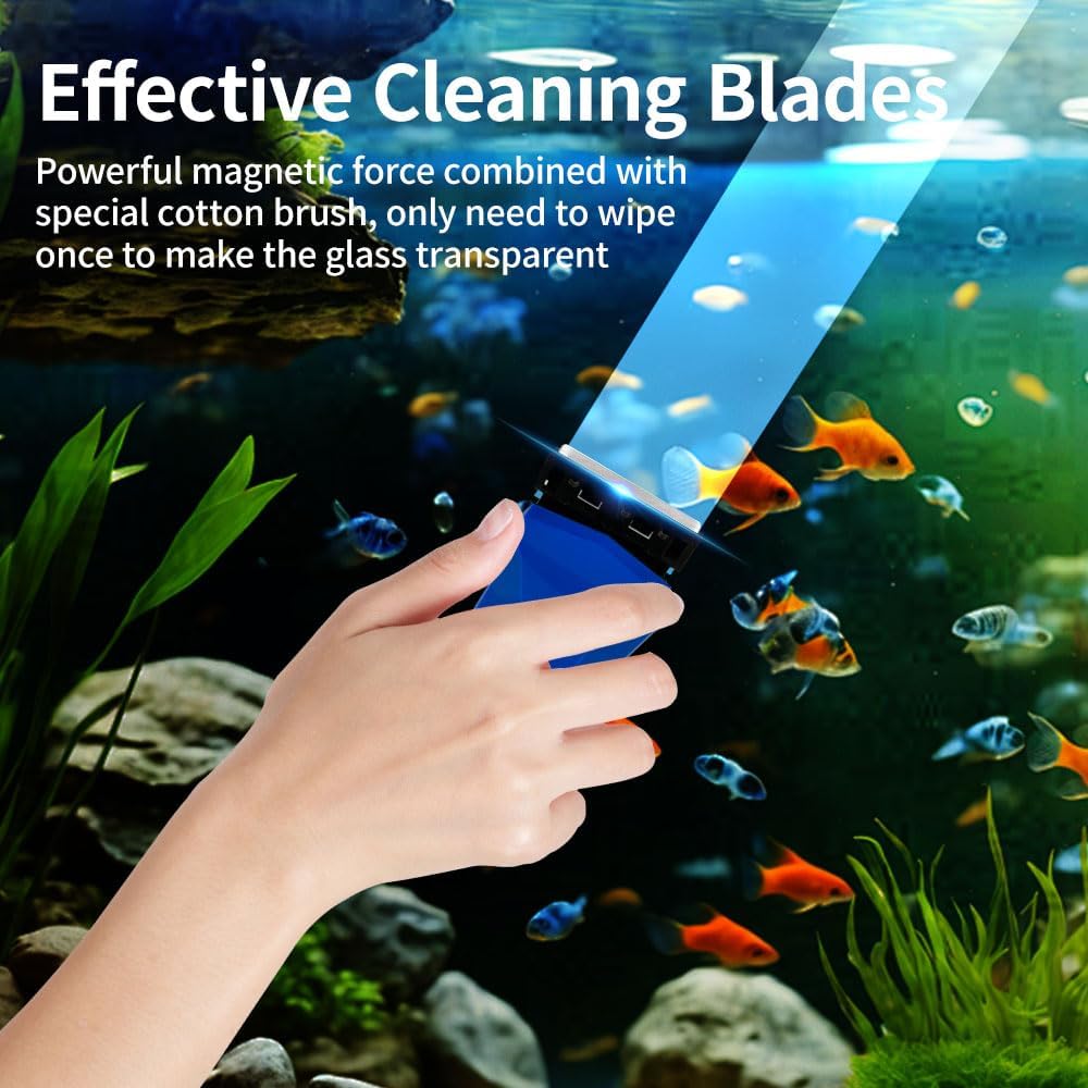 Magnetic Fish Tank Glass Cleaner, Dual-Blades Algae Scraper Glass Cleaner Scrubber with 2 Detachable Scrapers, Double Side Floating Magnetic Brush for 0.2-0.4 Inch Thick Glass Aquariums Tank, Size S