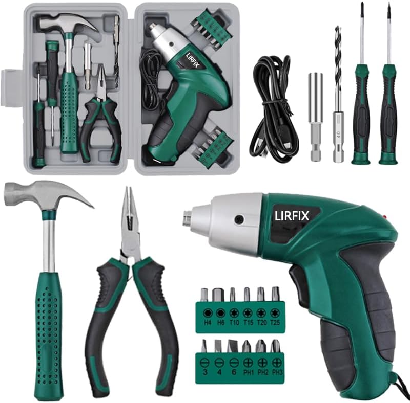 20-Piece Green 3.6V Electric Household Hardware Tool Set - Compact USB Rechargeable Low-Power Screwdriver, Pliers, Claw Hammer, Screwdriver Bits