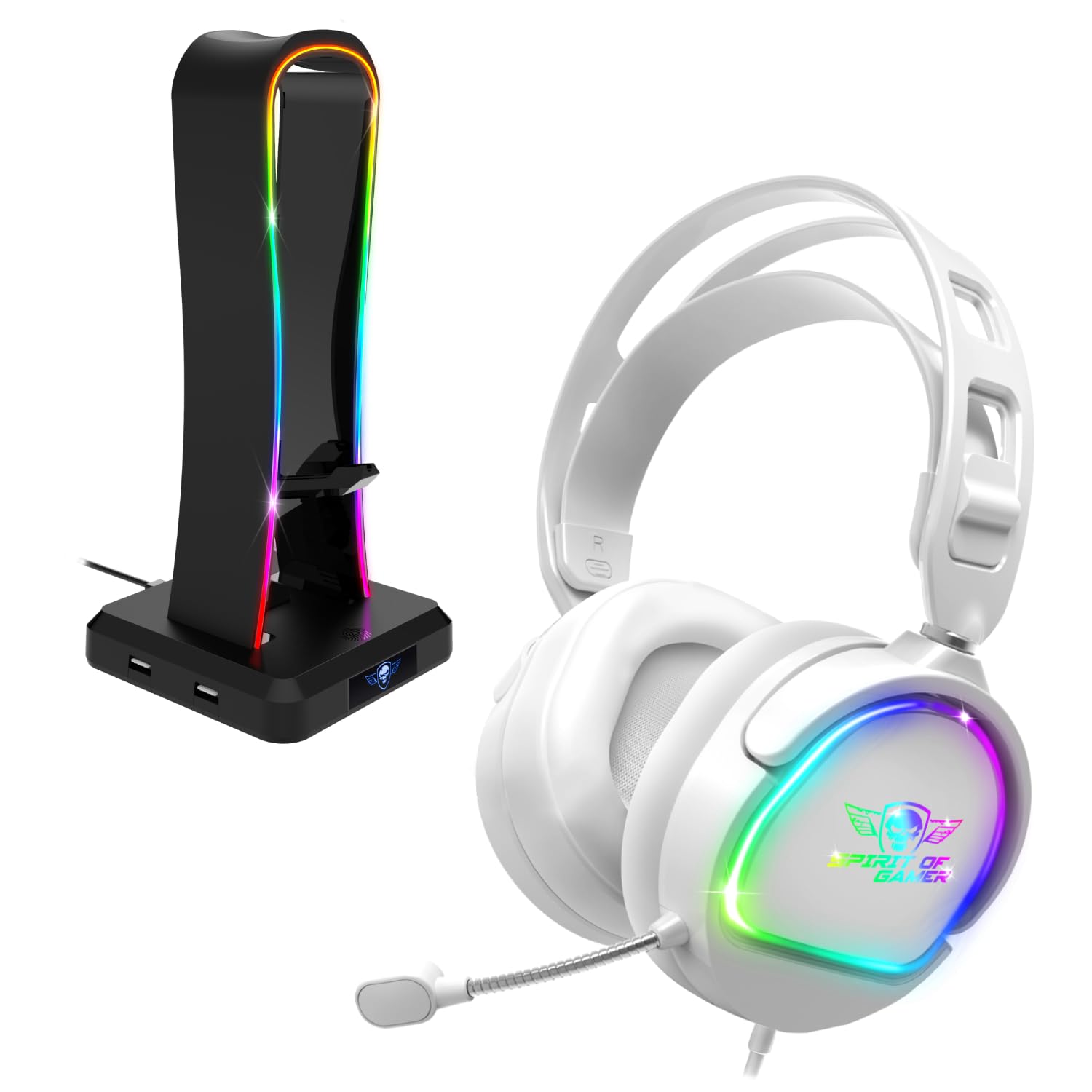 Spirit Of Gamer, Pack Casque + Support RGB, Casque Gaming Blanc Filaire RGB avec Micro Compatible Xbox, Switch & PC, Son Stéréo 2.0, Porte Casque Gamer Multifonction 11 Effets Lumineux