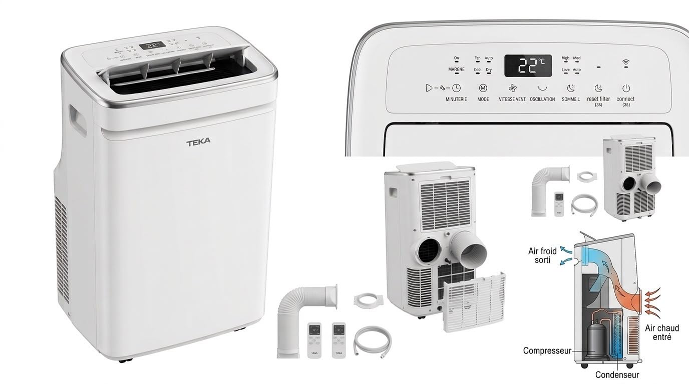 Climatiseur Mobile Silencieux 12000BTU, 4 EN 1, Refroidissement,Ventilateur,Déshumidificateur,Mode Nuit,Climatisation Rapide,Clim Mobile,Energie Classe A+