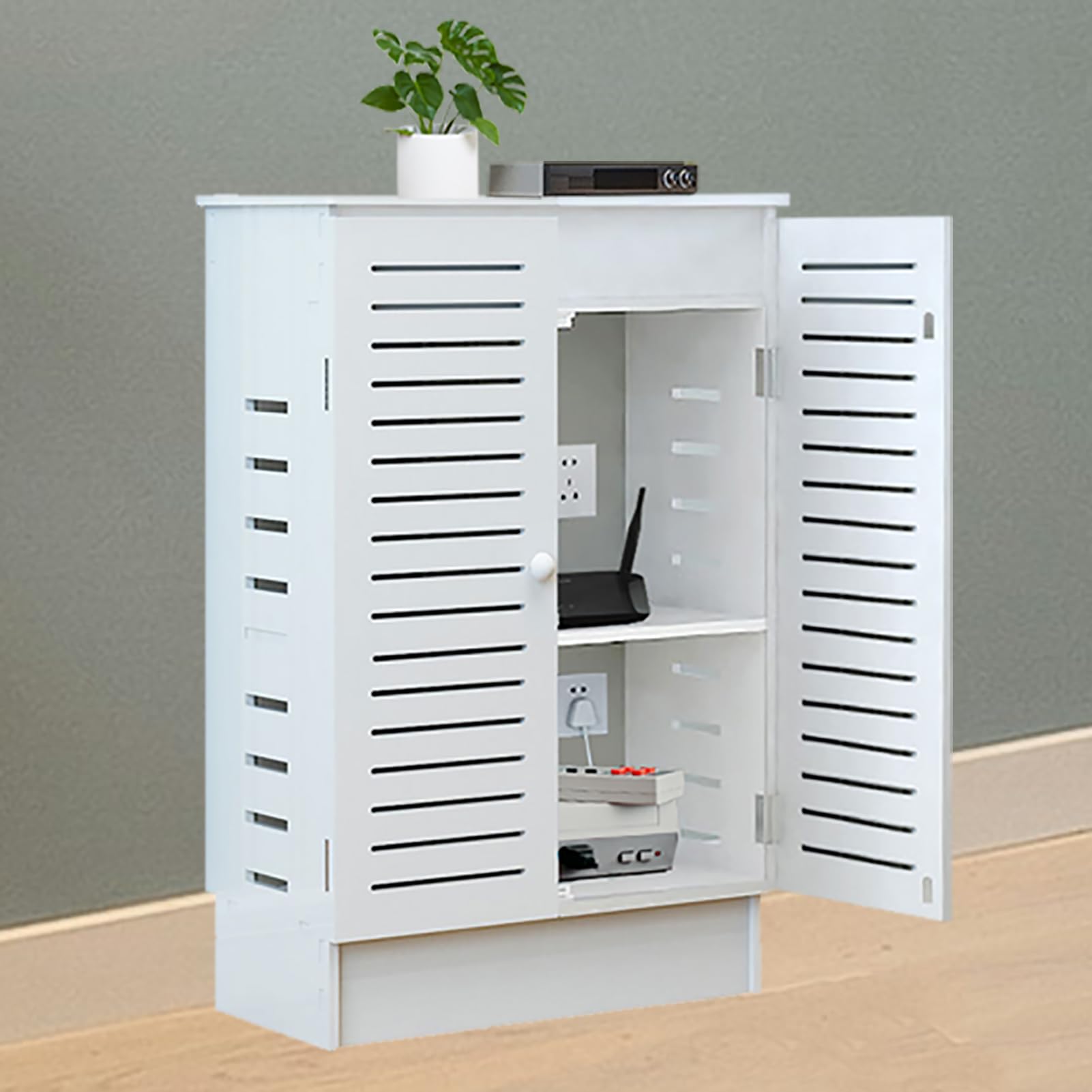 WiFi Router Storage Cabinet, Floor Standing Router Storage Box Modem, Power Strip and Cable Management Hider Organizer for Home and Office (White)