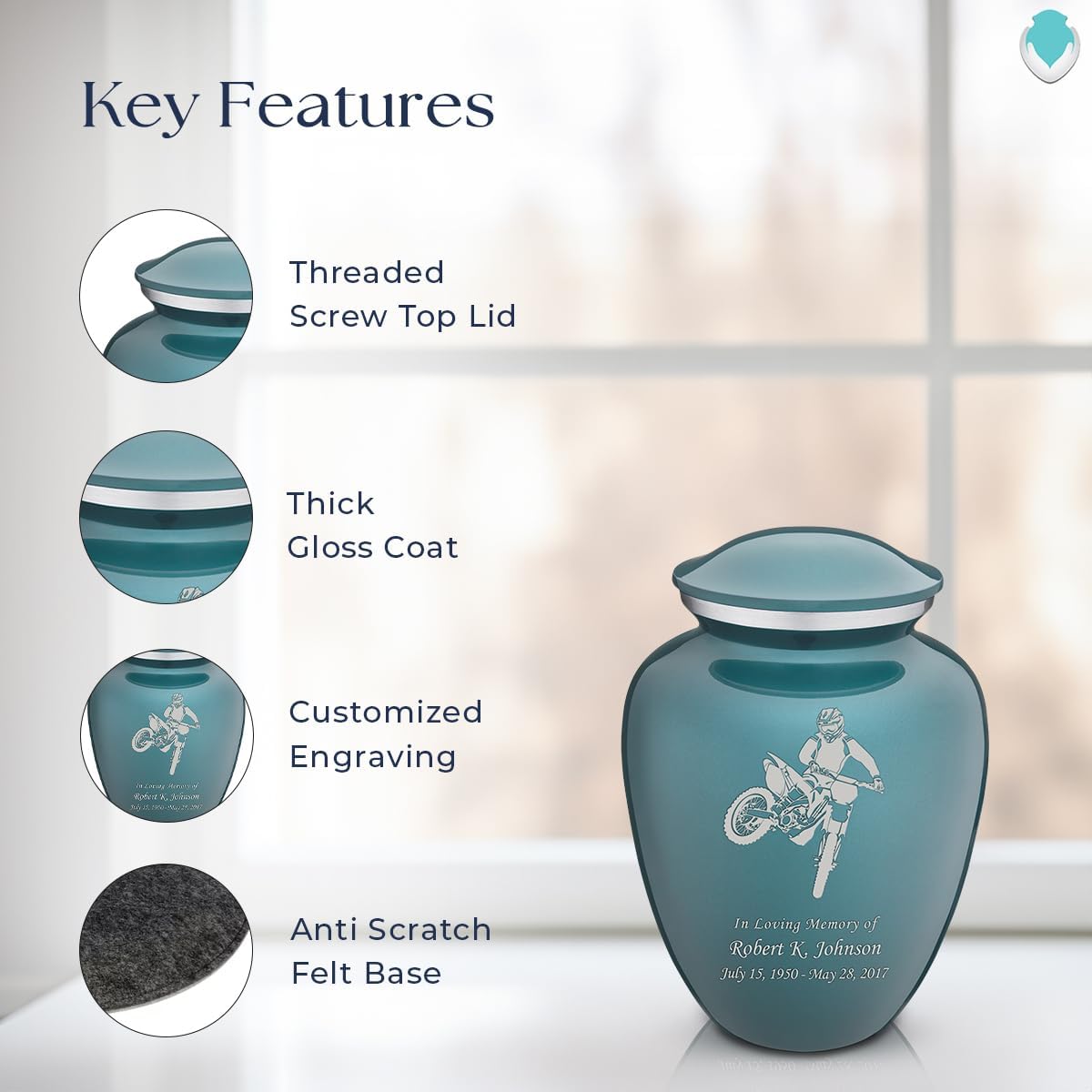 Geturns - Small Personalized Dirtbike Cremation Urns for Human Ashes I Teal Funeral Urn for Men and Women I Holds up to 44 Cubic Inches