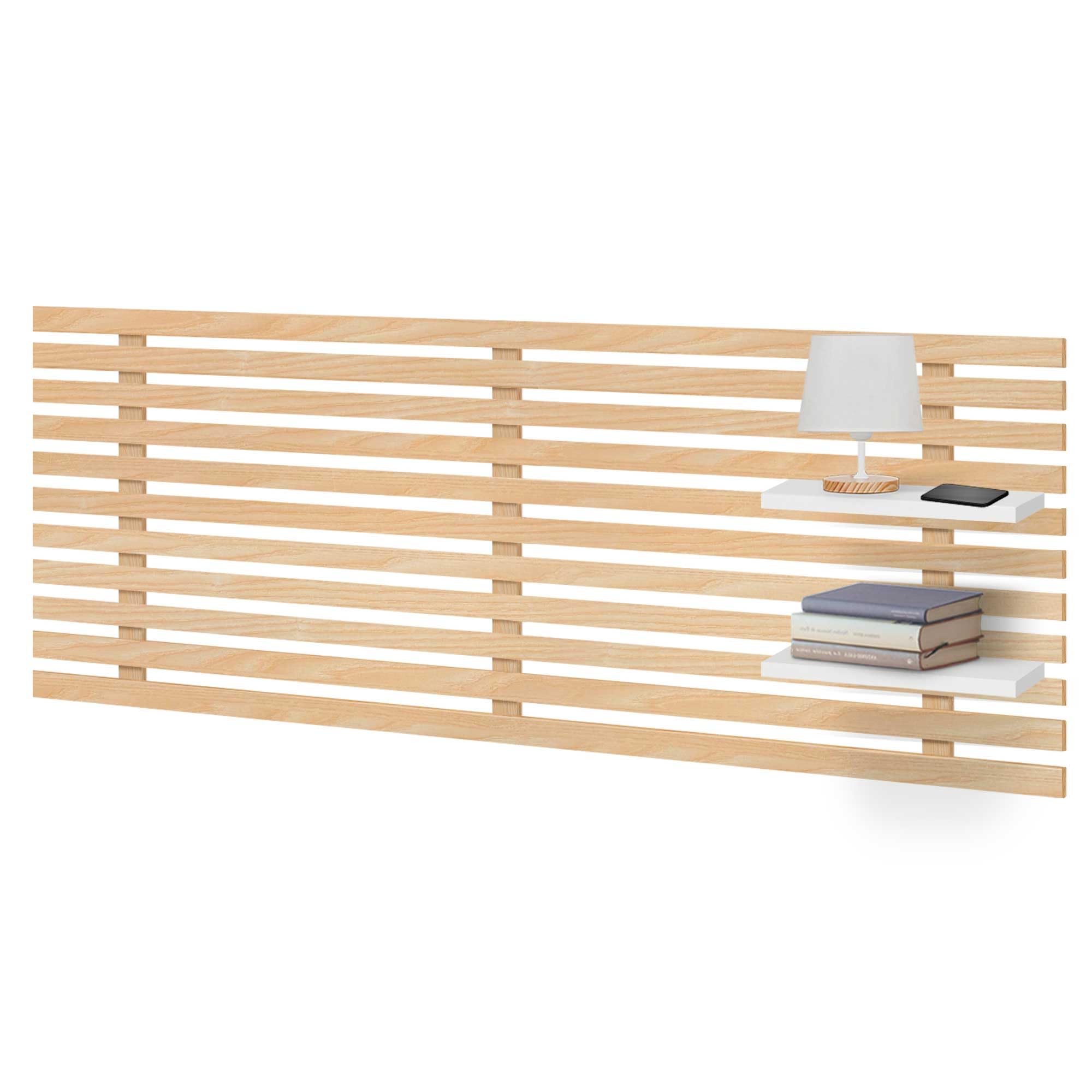 DHOME Cabecero con Estantes de Madera reciclada DM Colgante Pared Estilo Palet Cama Vintage Nordico Herrajes incluidos (Estilo Japonés, Madera Natural/Blanco, 135cm)