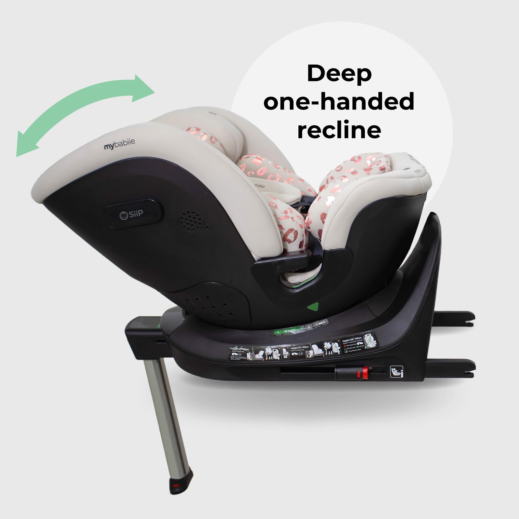 My Babiie MBCS400 360° Spin R129 - Asiento de coche para bebé - Pierna de apoyo, ISOFIX, nacimiento a 12 años (40-150 cm), i-Size, ERF, grupo 0+/1/2/3, giratorio 360 - Leopardo rosa