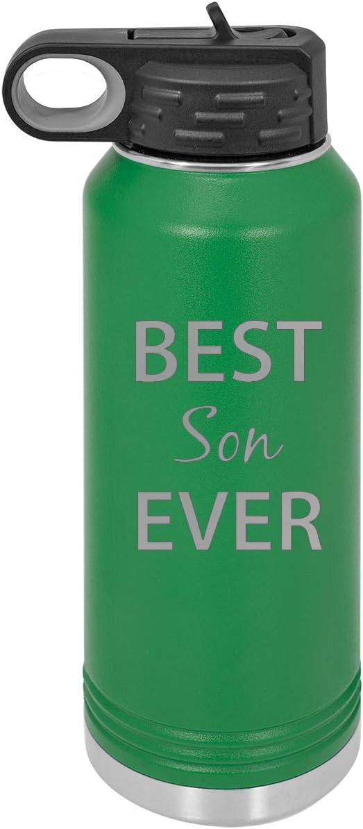 CustomGiftsNow Best Son Ever Double Wall Insulated Stainless Steel Engraved Sports Water Bottle with Flip Top Lid, Straw
