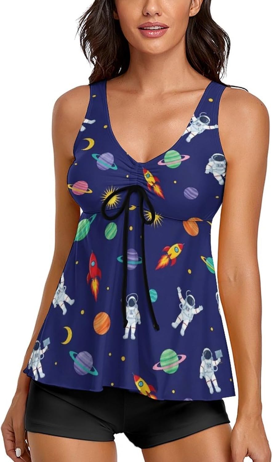 Tankini Swimsuits for Women, Two Piece Drawstring Tummy Control Removable Padded Bathing Suits