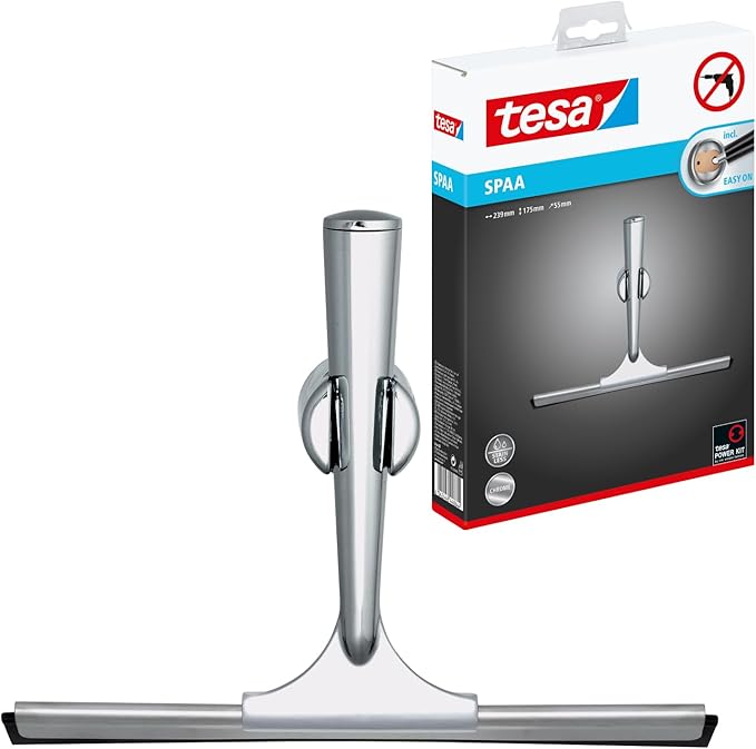 tesa SPAA Duschwischer, verchromt, rostfrei, inkl. Halterung und Klebelösung, weiche Gummilippe, 175mm x 239mm x 55mm tesa SPAA Duschwischer, verchromt, rostfrei, inkl. Halterung und Klebelösung, weiche Gummilippe, 175mm x 239mm x 55mm