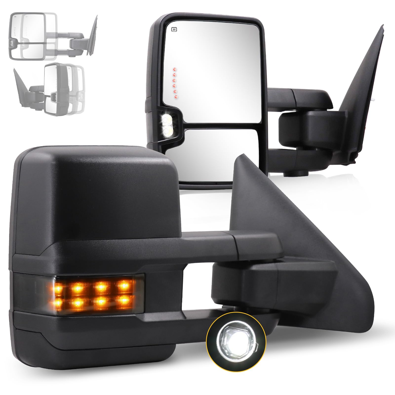 Towing Mirrors for 2002-2008 Dodge Ram 1500, 2003-2009 Dodge Ram 2500 3500 with Power Glass Heated Function Turn Signal Light Puddle Lamp Running and Backup Light Pair Set (Smoke lens)