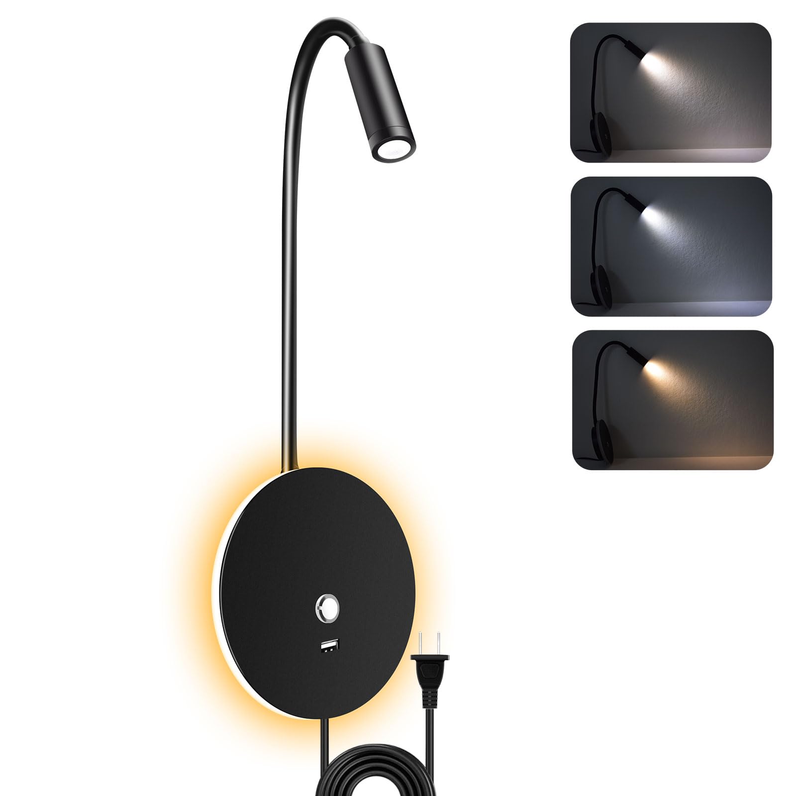 ERAY Wall Mounted Book Reading Light for Bed with Night Light & USB Output - 3 Dimmable Color Temperatures, Flexible Gooceneck, Eye Caring, Plug in Bedside Lamp for Bedroom, RVs, Campers, Boats