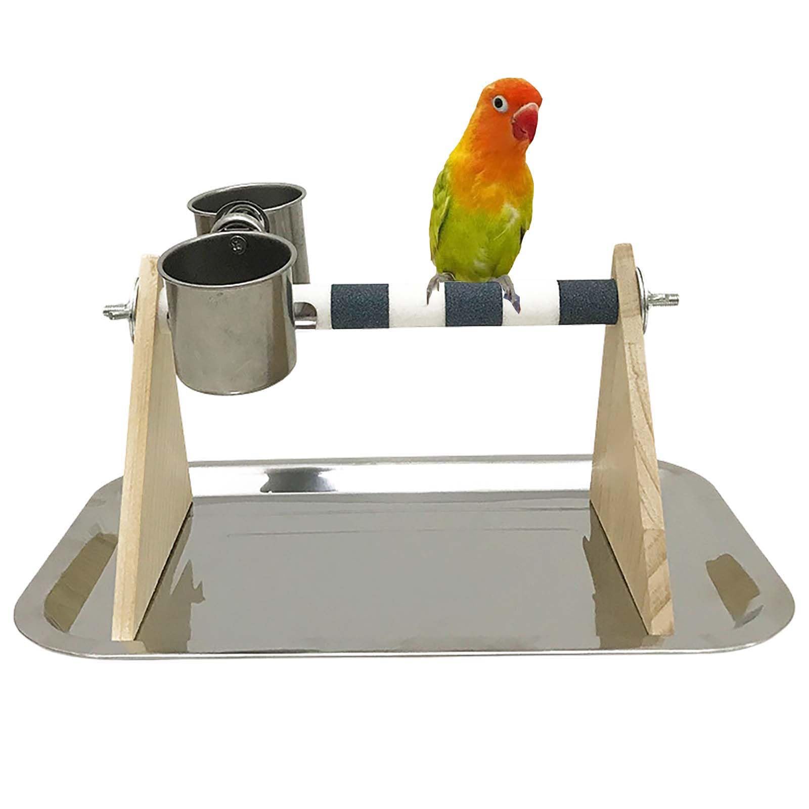 CXYYXF Bird Training Stand, Tabletop Bird Perch with Stainless Steel Feeder Cups for Small Parrots, Parakeets, Cockatiels, and Budgies (Grey, with Tray)