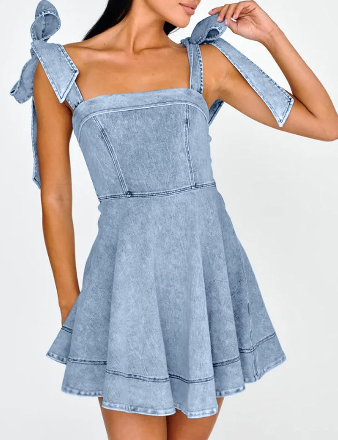 loveimgs Women’s Summer Tie Shoulder Sleeveless Denim Mini Dress Ruffle A Line Swing Short Denim Dress - Image 2