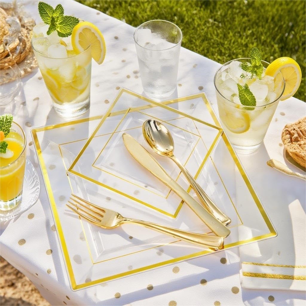 Festiva 350Pcs Clear Plastic Plates with Gold rim - Clear Gold Disposable Dinnerware for 50 Guests includeSquare Plastic Plates/Cups/Cutlery/Napkins Perfect for Birthday Party&Wedding