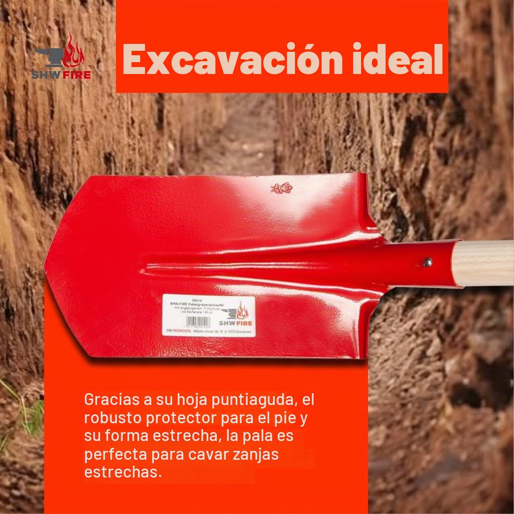 SHW-FIRE Pala de trinchera de cable de 30 x 16 cm con protección contra golpes, acero especial resistente, mango largo de madera de fresno, ideal para zanjas estrechas, pala para drenaje y colocación