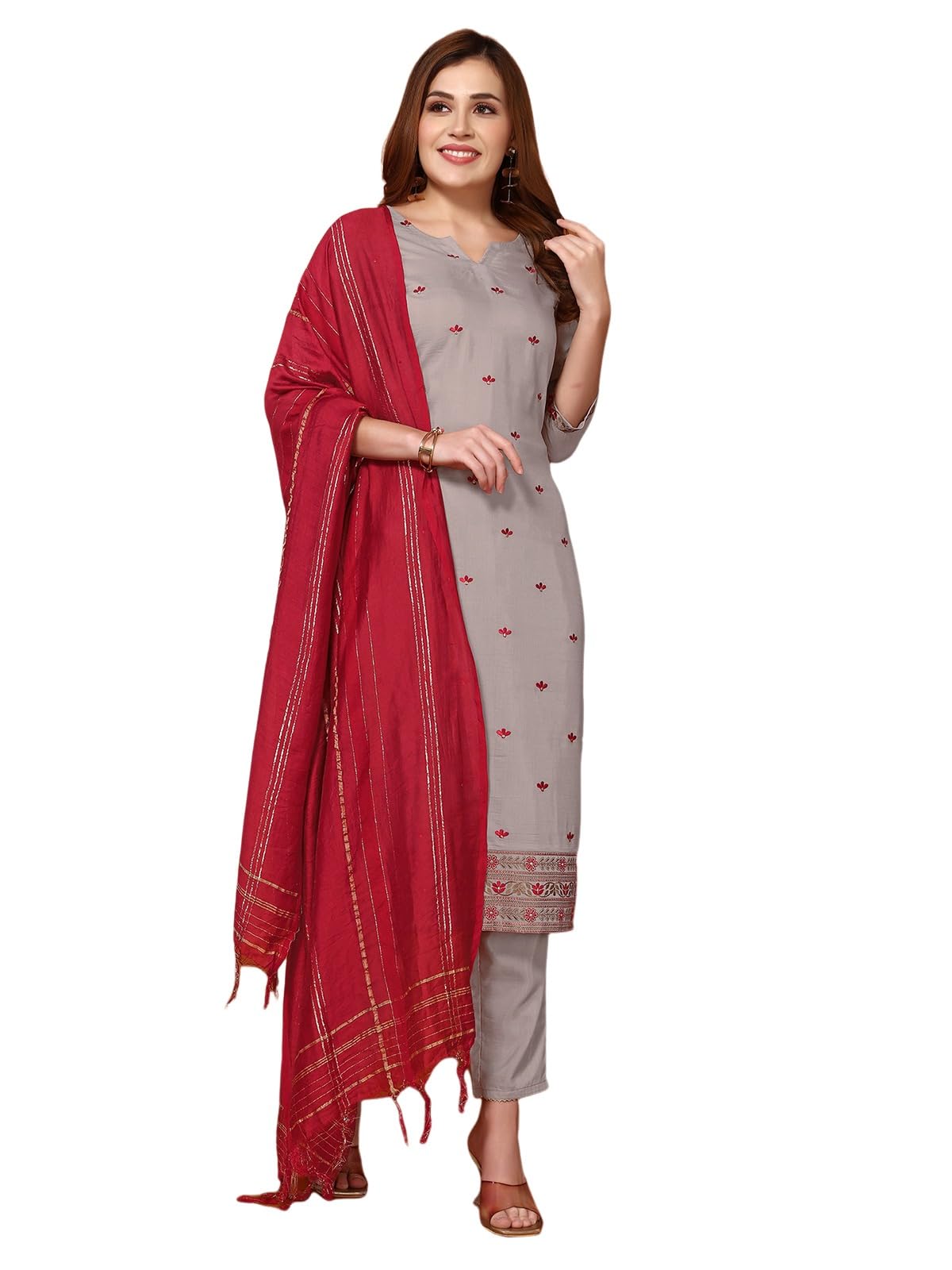 Sanisa Women's Chinnon Embroidery Work Straight Kurta With Pant And Dupatta Set (54Kbd631Nr-M_Dusty Brown)