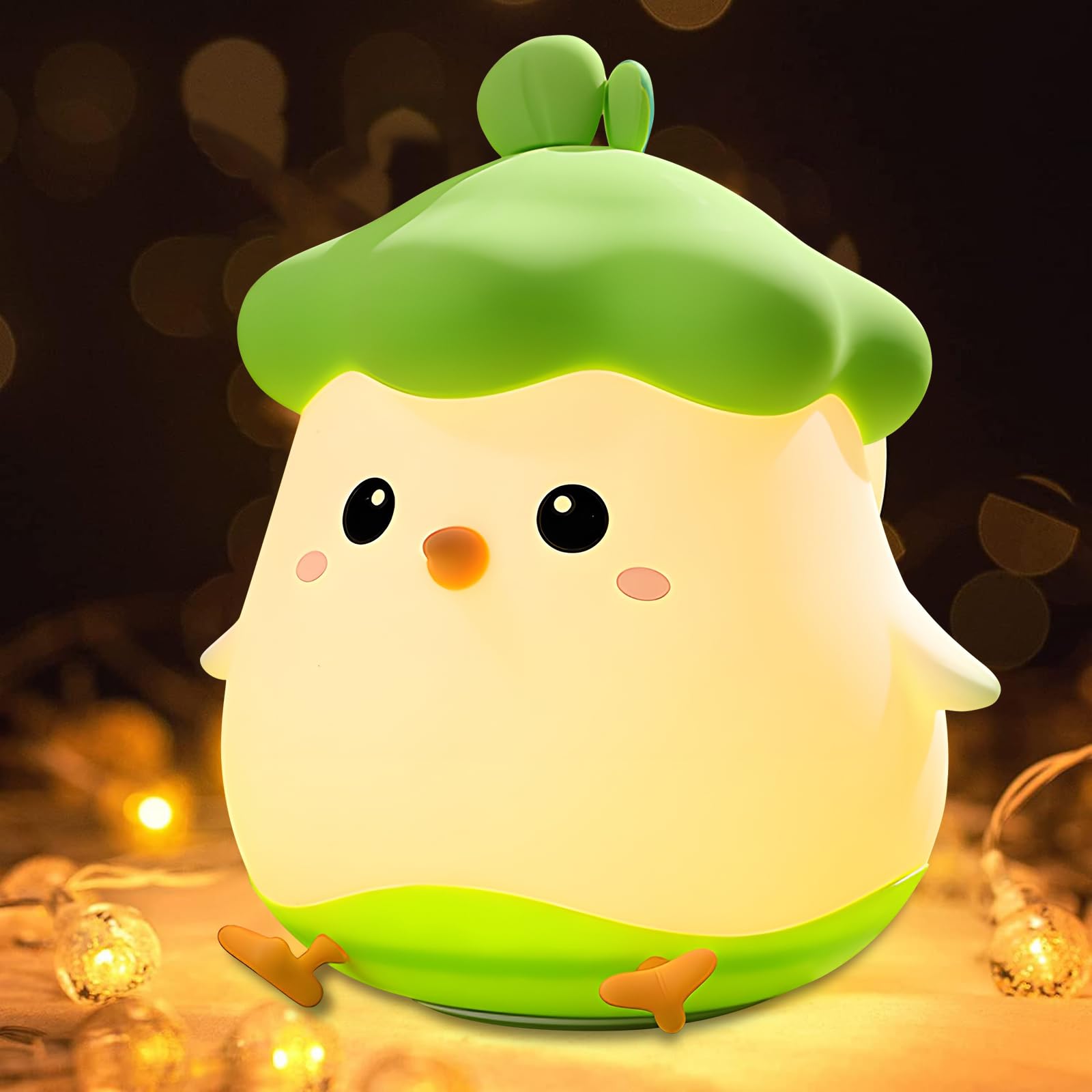 Lámpara de noche plato de pollo pequeño Kiri de silicona con luz nocturna para dormir, regalo de vacaciones, mini adornos pequeños, luz recargable por USB (verde pollito)