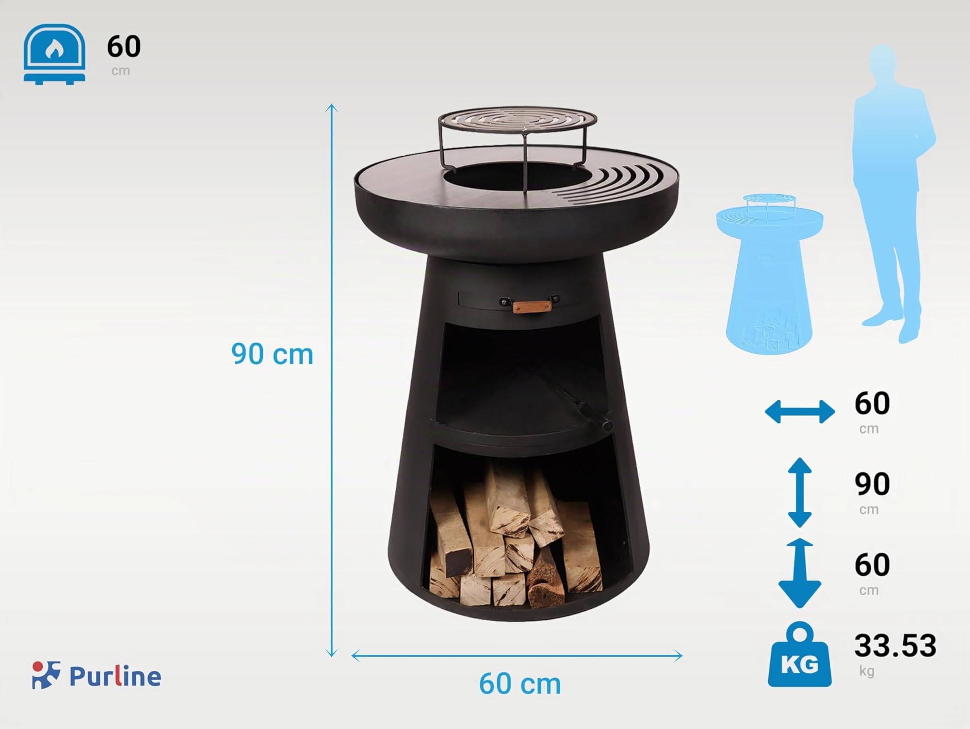 PUR LINE | Barbecue in acciaio con griglia in acciaio inox e funzione braciere – Barbecue diametro 60 cm, include copertura impermeabile, cassetto raccogli-cenere e spazio per la legna