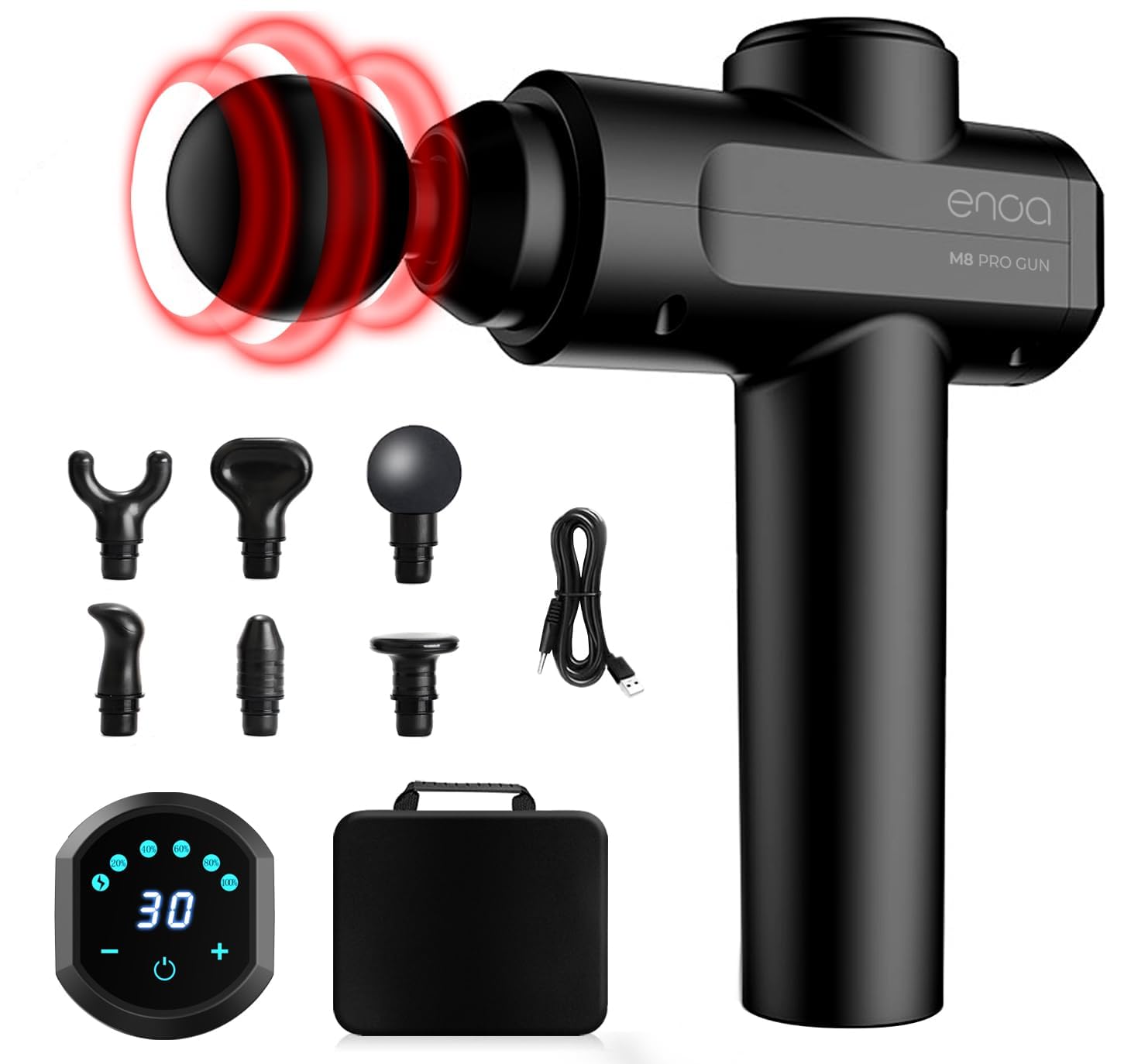 ENOA Pistola de Masaje Muscular M8 PRO, Masaje de Tejido Profundo, 30 Velocidades, 6 Cabezales, USB-C, LCD Táctil, Negro, Pack de 1 con Bolsa de Viaje | Masajeador Muscular, Tejido Profundo, 6 Cabezales, Pantalla Lcd, Usb C, Bolsa De Viaje