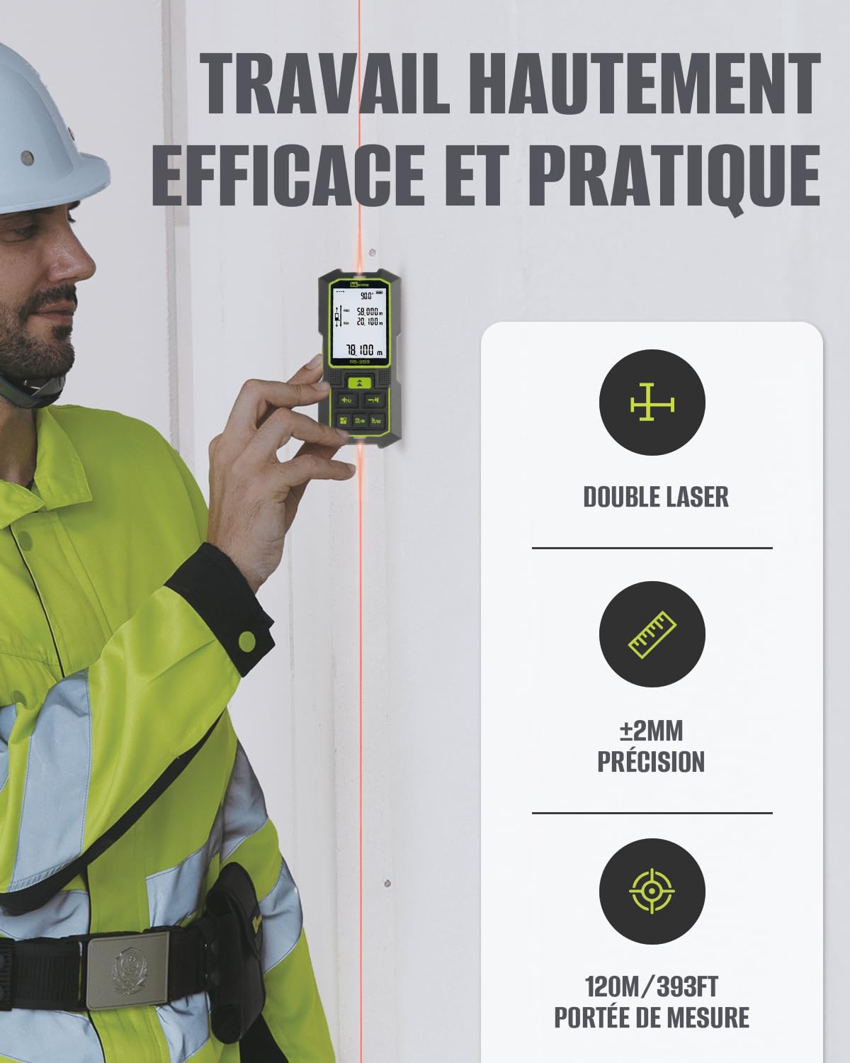 Inkerma Télémètre Laser Bilatéral 393Ft/120M, Mètre Laser Rechargeable avec Unités Ft/in/M, Capteur d'angle, Mode Pythagore, Mesure de Surface et de Volume