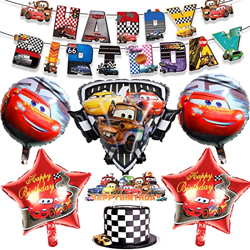 Fiesta de Cumpleaños para Auto, 5 Cars Aluminio Globos + 1 Pancarta de Feliz Cumpleaños Coche + 1 Decoración para Tarta + 1 Rollo de Cinta, Globo de Coche de Fiesta de Cumpleaños (multicolor) Cover