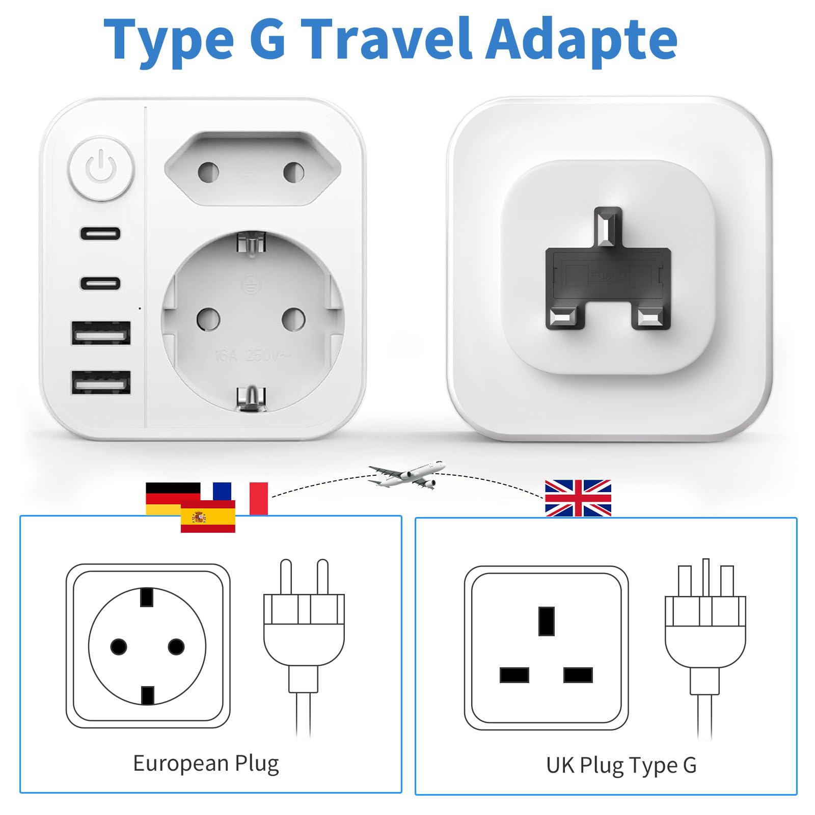 6 en 1 Adaptateur Prise Anglaise UK,3250W Adaptateur de Voyage UK avec 2 Prises,2 USB,2 Type-C,Adaptateur Type G pour Irlande Dubaï Malaisie Maldives Angleterre