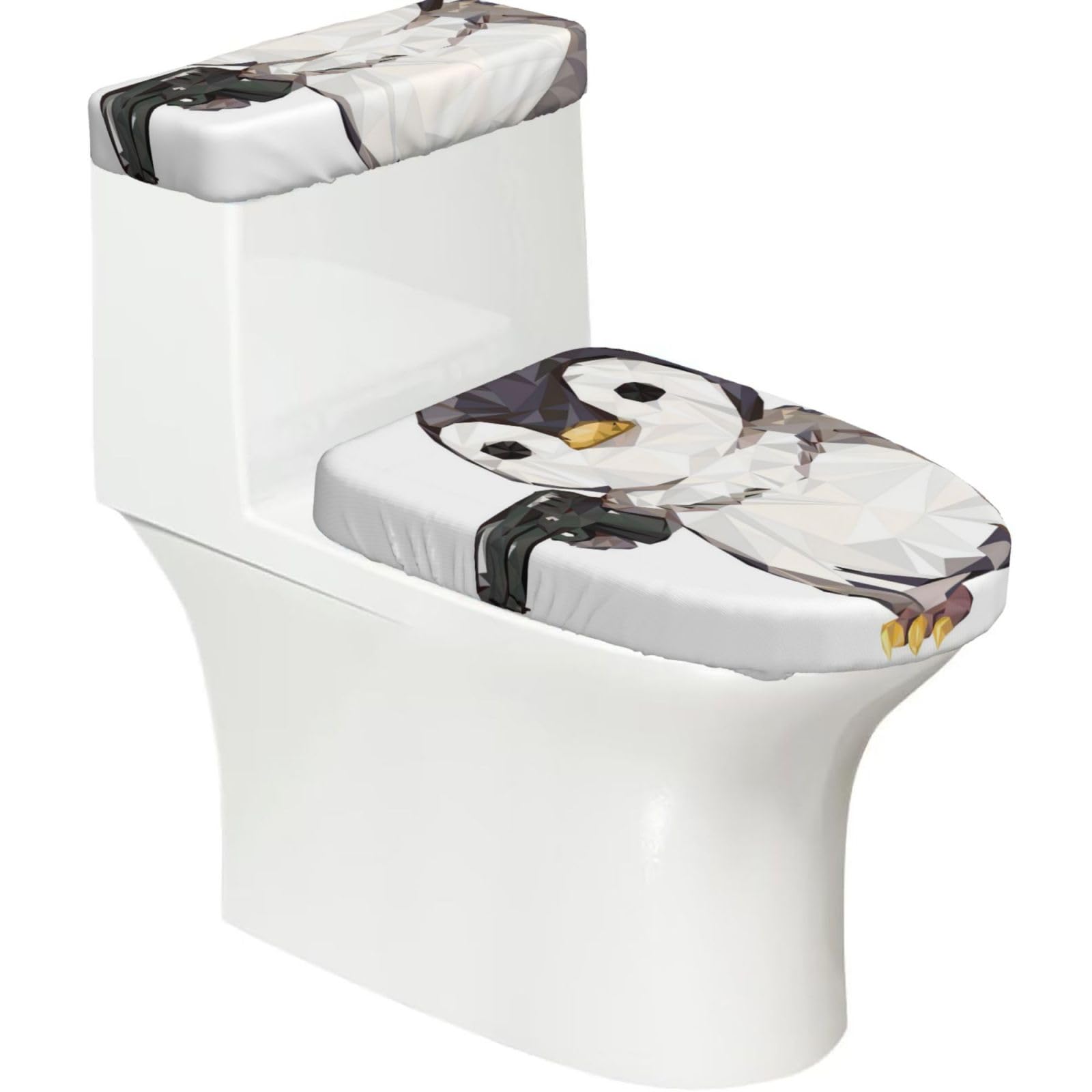 Mrowyc Black Penguin 2-Piece Toilet Seat & Tank Lid Cover Set - Elastic Stretch Design - Universal Fit For U-Shape-O-Shape-Elongated Toilets - Functional Bathroom Decor & Housewarming Gift