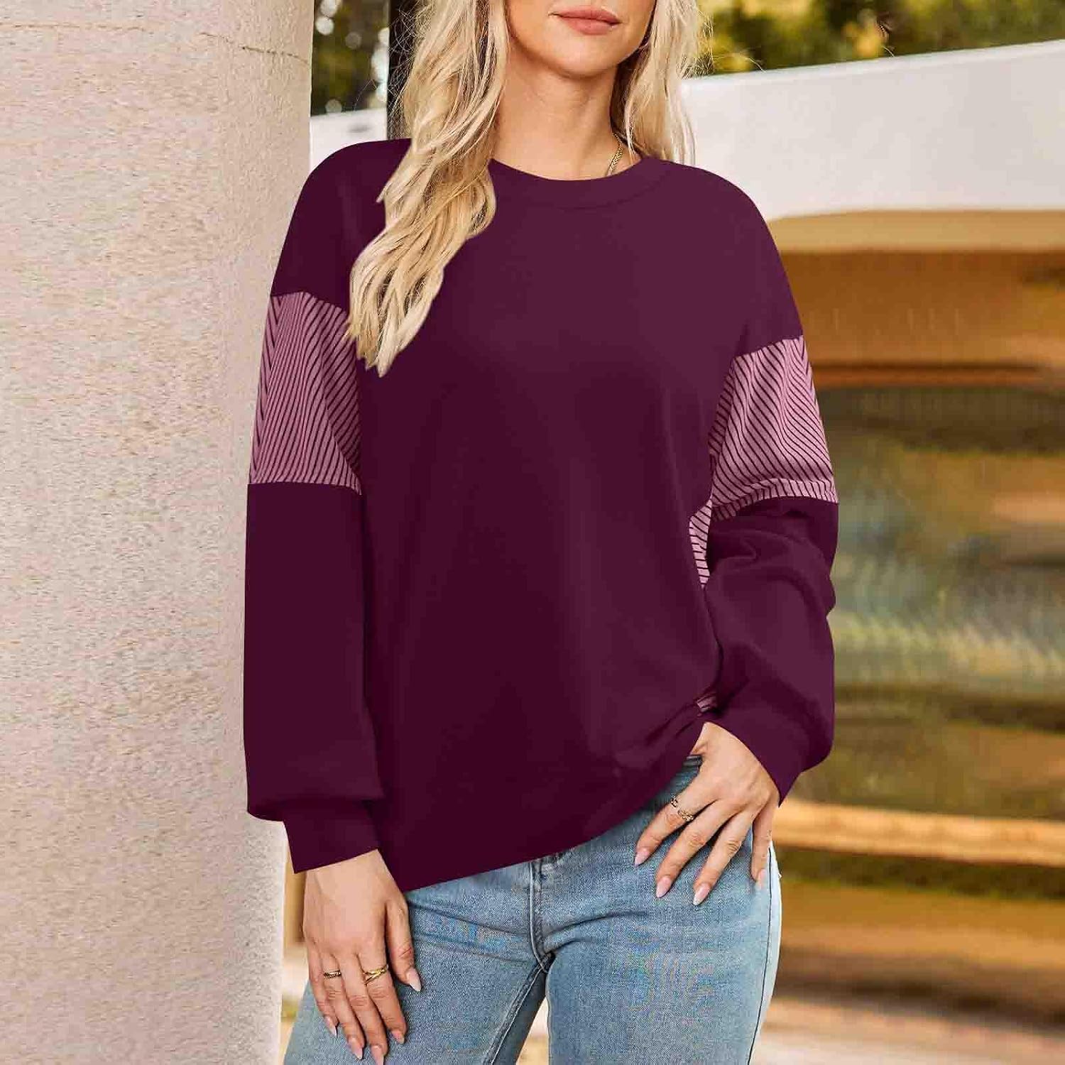 Women's Sweatshirts Color Block Longs Sleeve Pullover Shirts Crewneck Fall Outfits Comfy Sweatshirt